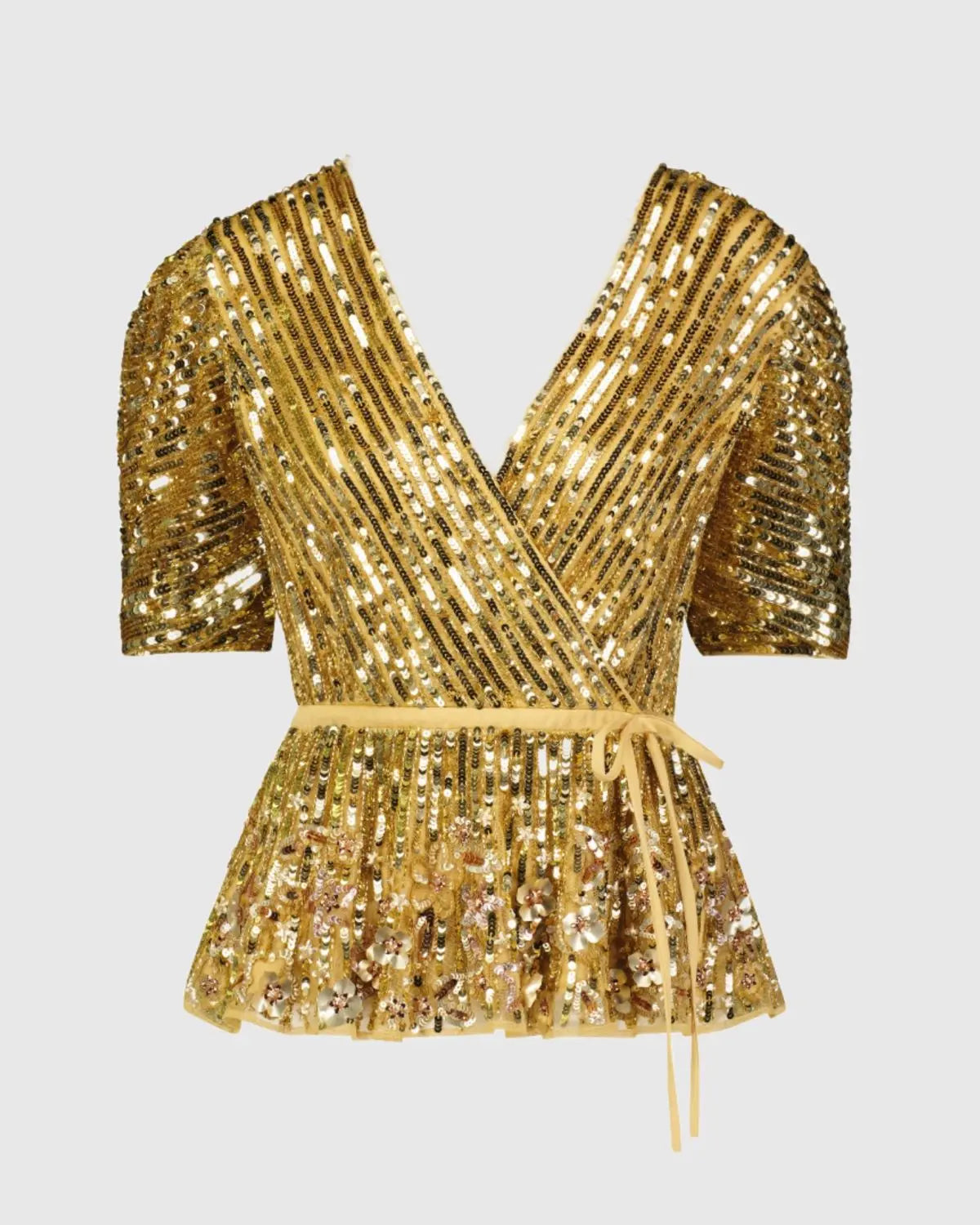 Gold Sequined Puff Sleeve Faux Wrap Top - FINAL SALE - Mac Duggal