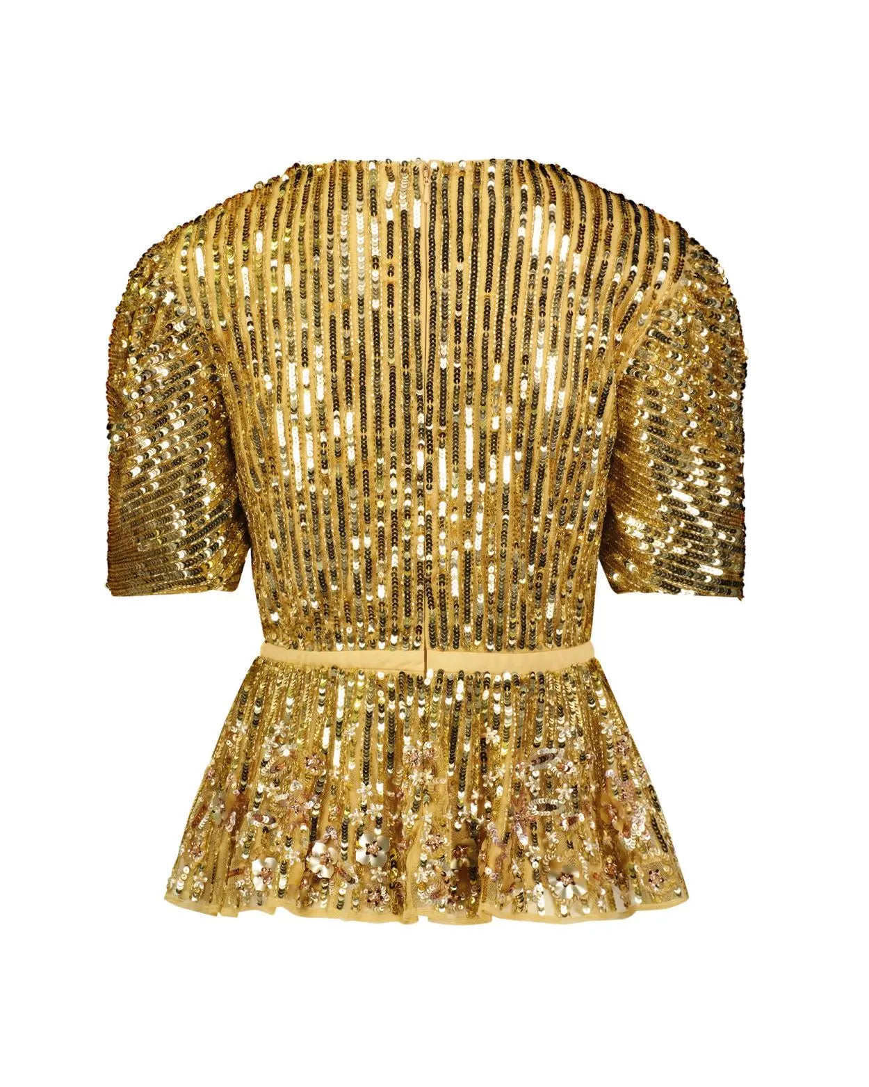Gold Sequined Puff Sleeve Faux Wrap Top - FINAL SALE - Mac Duggal