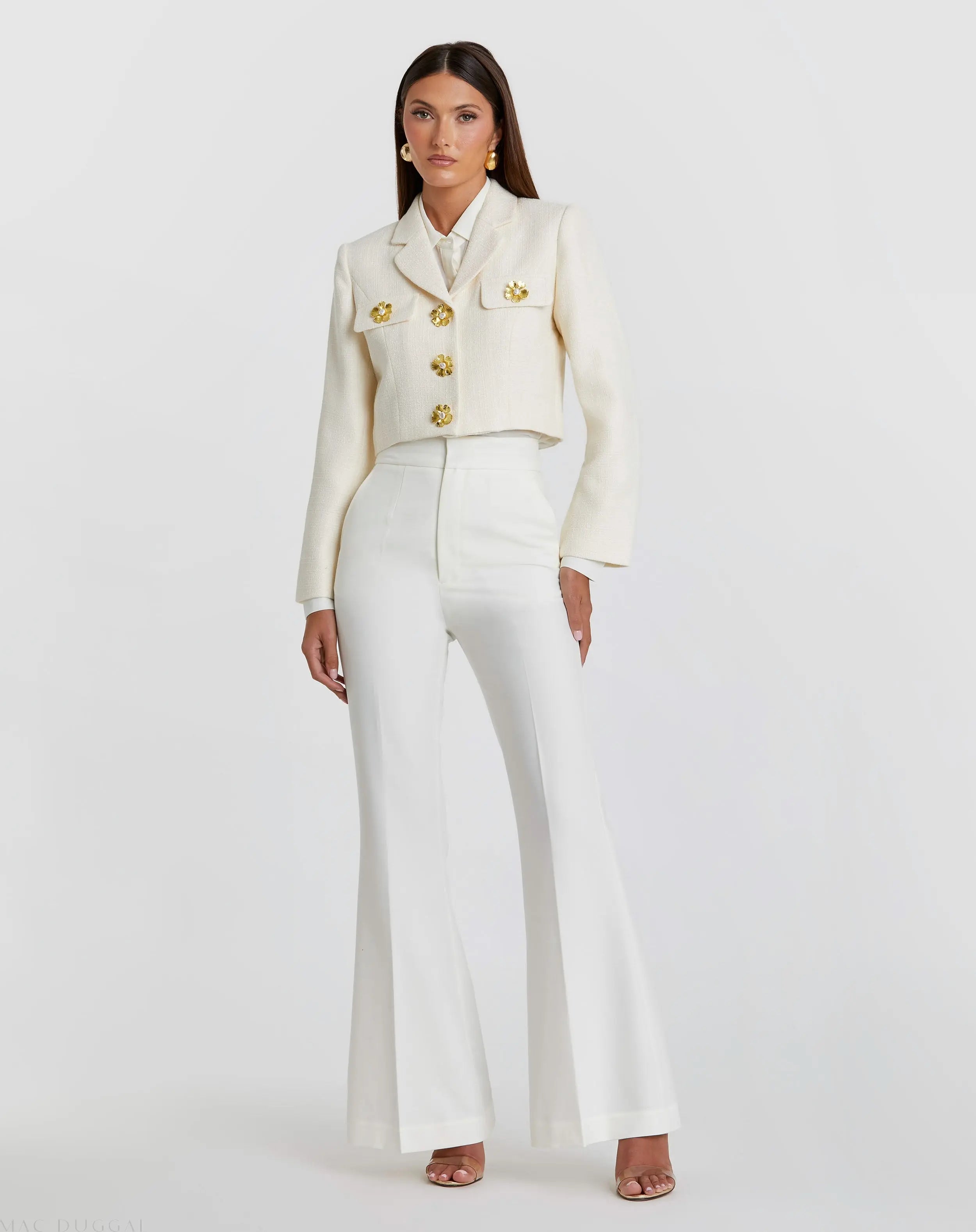 Cropped Tweed Floral Button Jacket - FINAL SALE - Mac Duggal