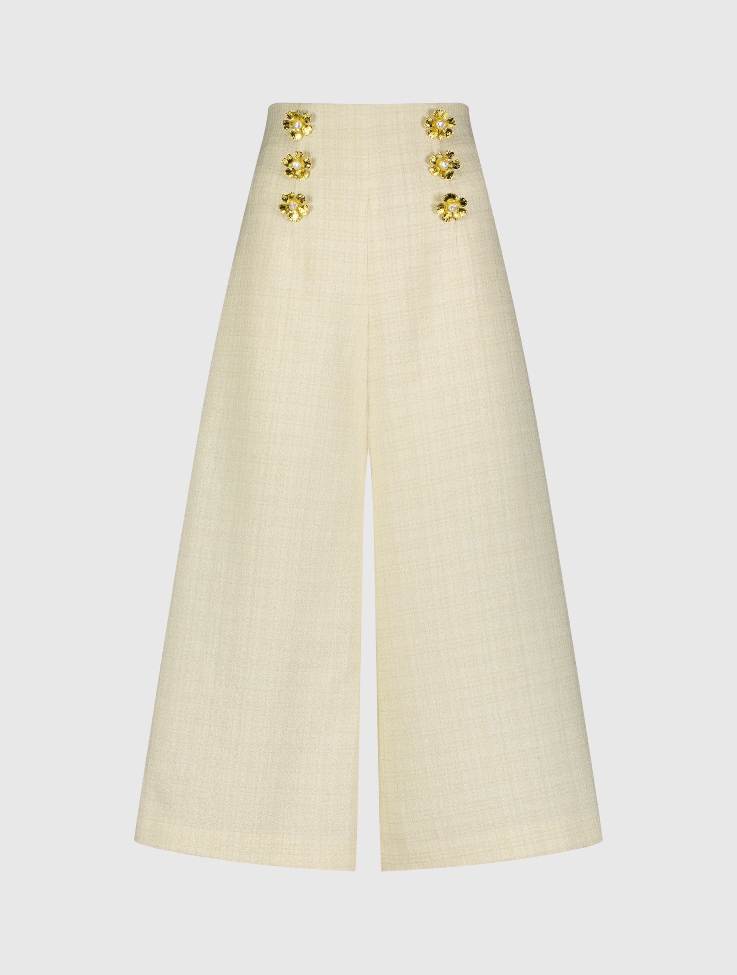 Ivory Tweed High Waisted Wide Leg Sailor Pant with Gold Buttons