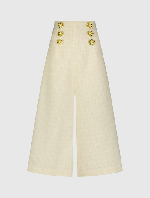 Ivory Tweed High Waisted Wide Leg Sailor Pant with Gold Buttons