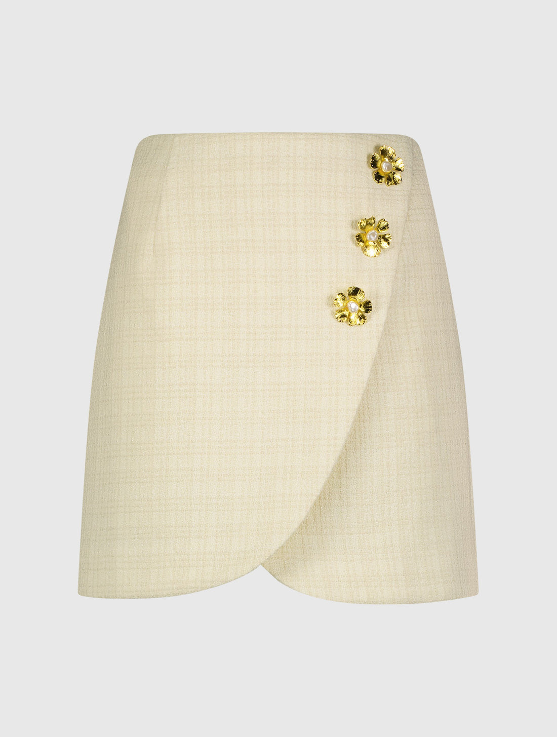 Tweed Wrap Mini Skirt With Floral Buttons