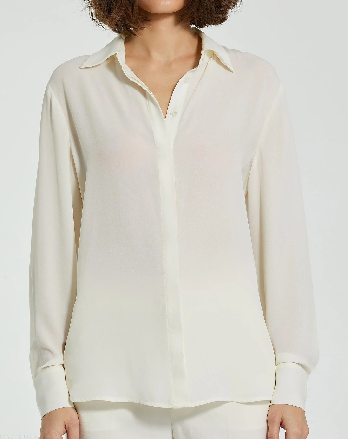The Bentley White Long Sleeve Button Up Georgette Blouse - FINAL SALE - Mac Duggal
