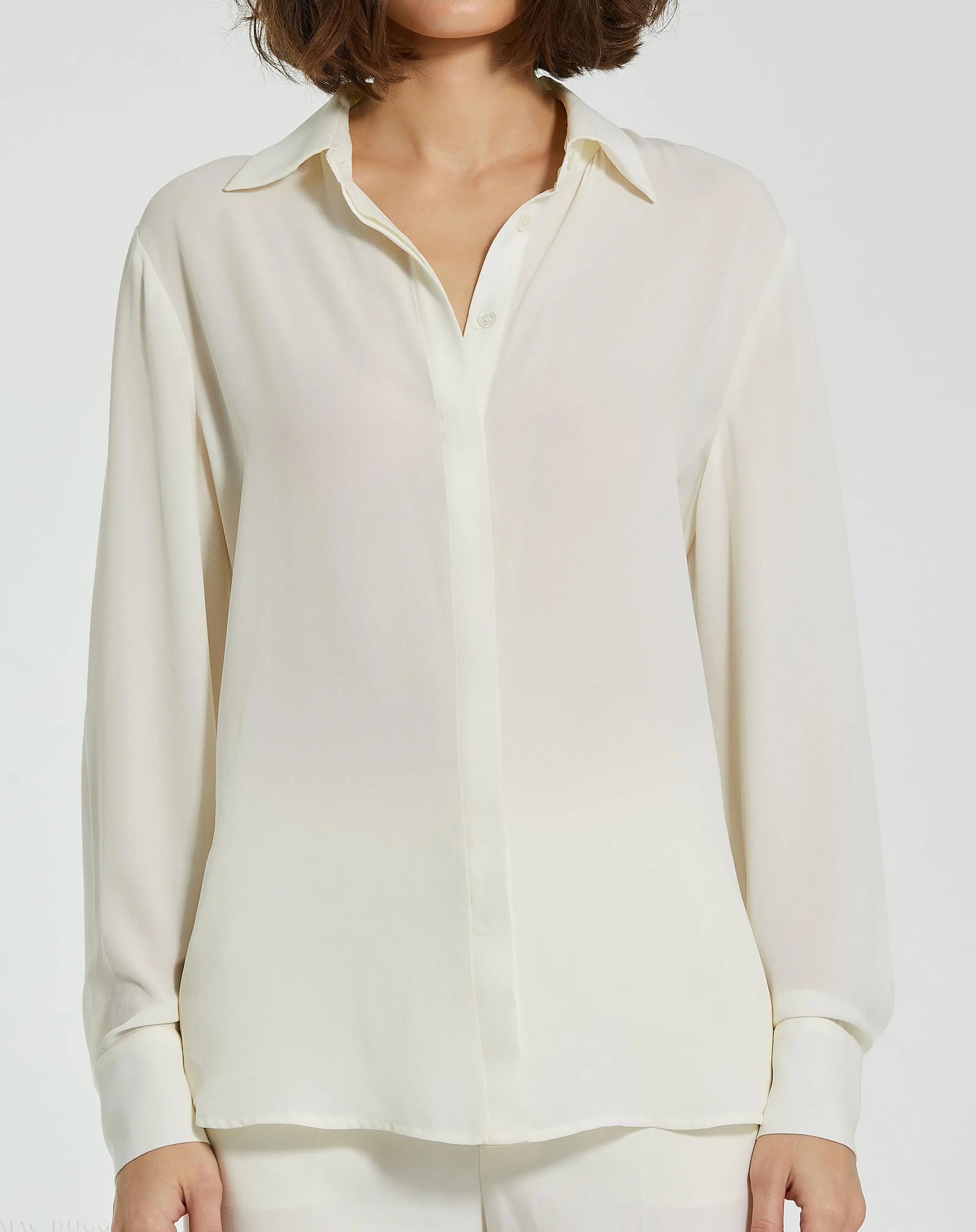 The Bentley White Long Sleeve Button Up Georgette Blouse - FINAL SALE - Mac Duggal
