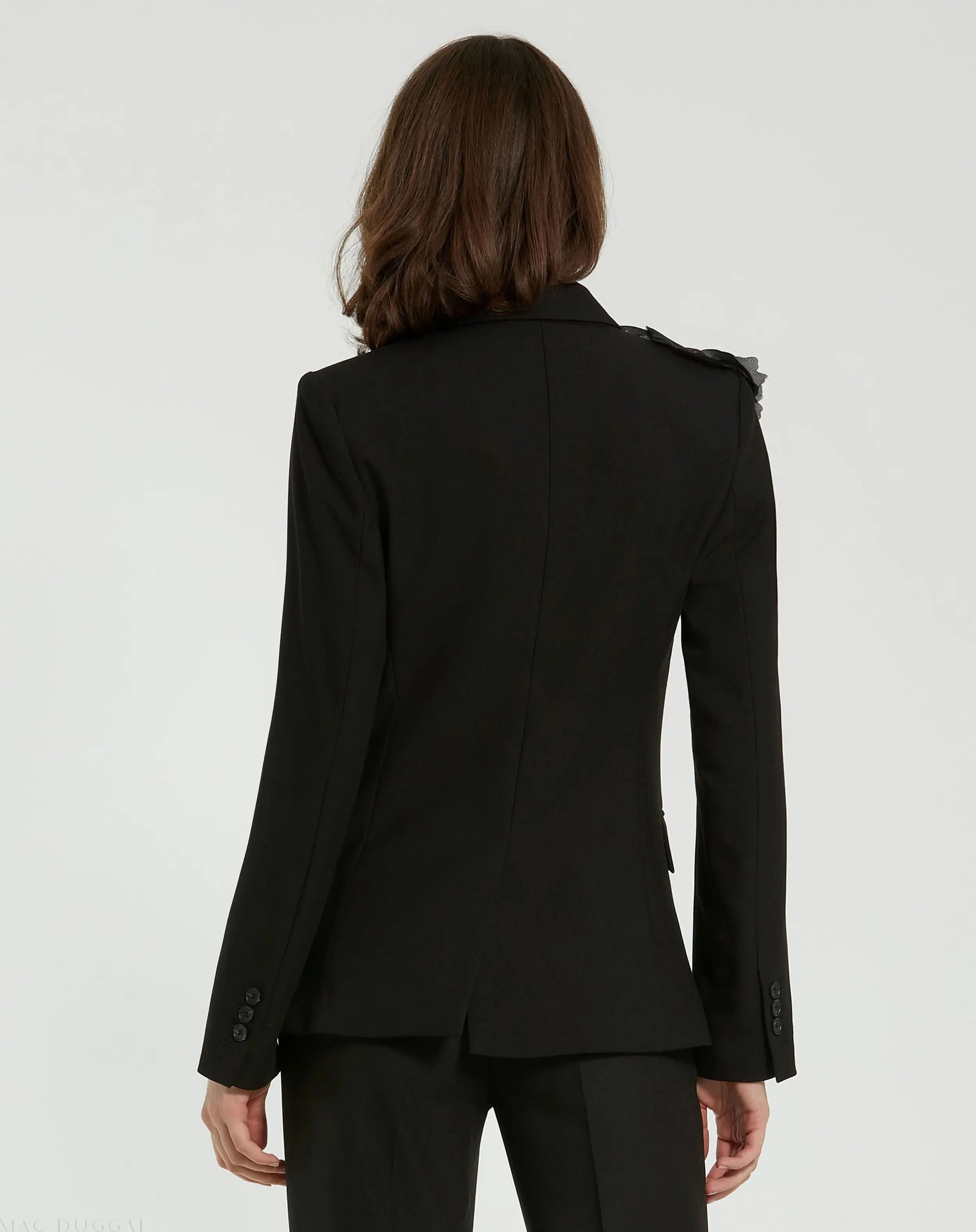 Black Classic Crepe Blazer Jacket With Flower - FINAL SALE - Mac Duggal
