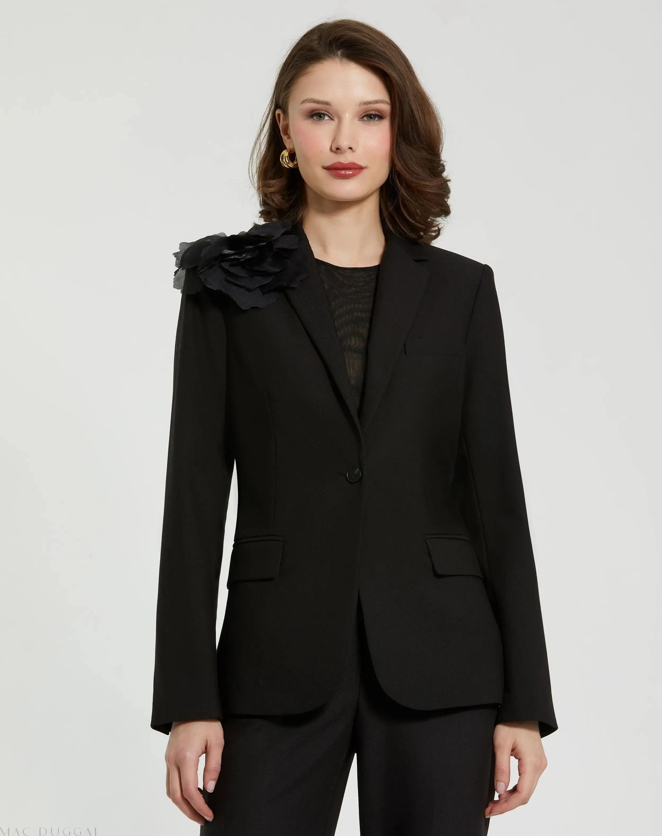 Black Classic Crepe Blazer Jacket With Flower - FINAL SALE - Mac Duggal
