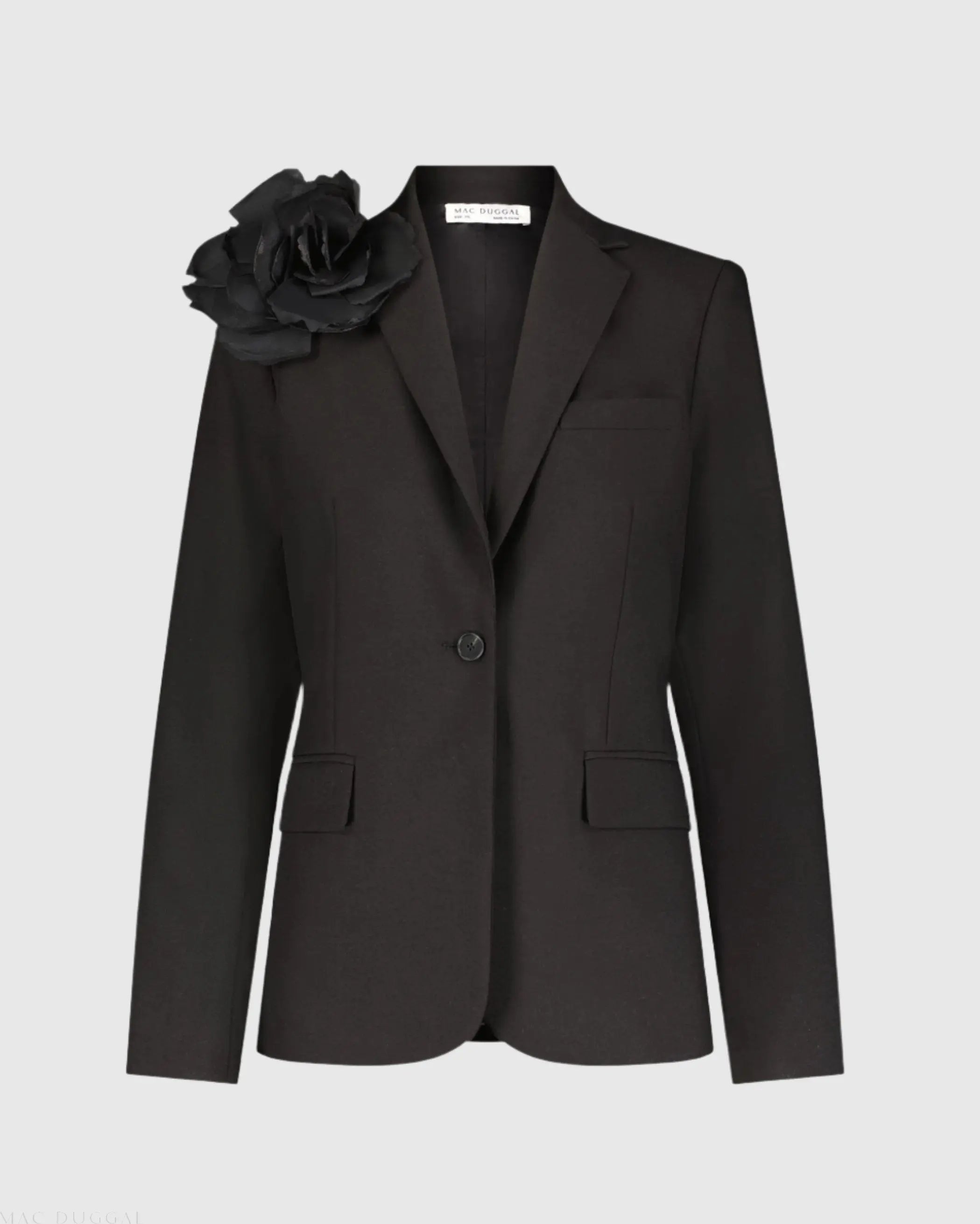 Black Classic Crepe Blazer Jacket With Flower - FINAL SALE - Mac Duggal