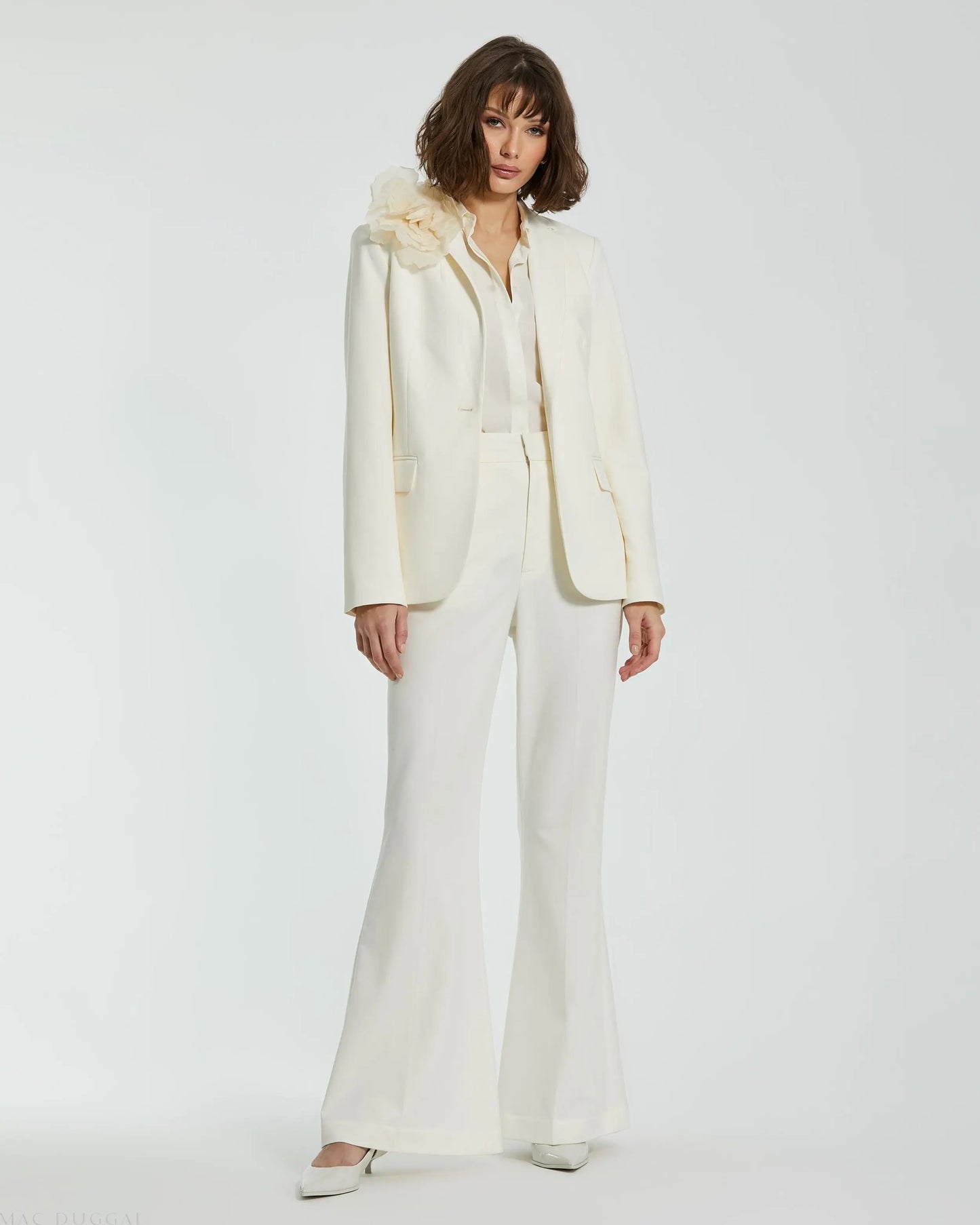Ivory Classic Crepe Blazer Jacket With Flower - FINAL SALE - Mac Duggal