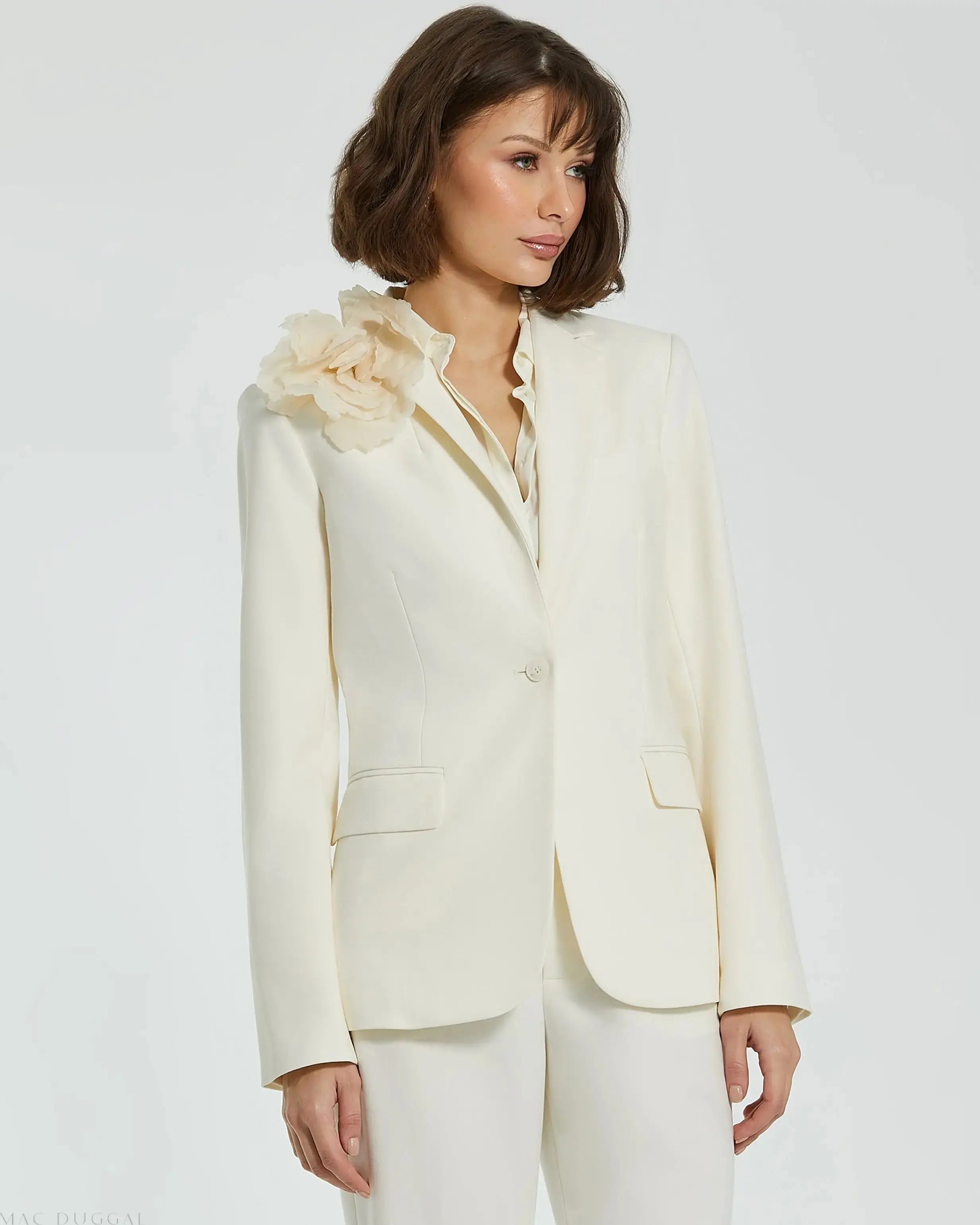 Ivory Classic Crepe Blazer Jacket With Flower - FINAL SALE - Mac Duggal