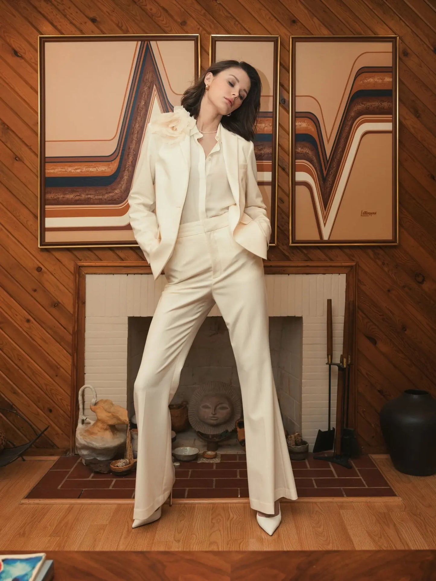 Ivory Classic Crepe Blazer Jacket With Flower - FINAL SALE - Mac Duggal