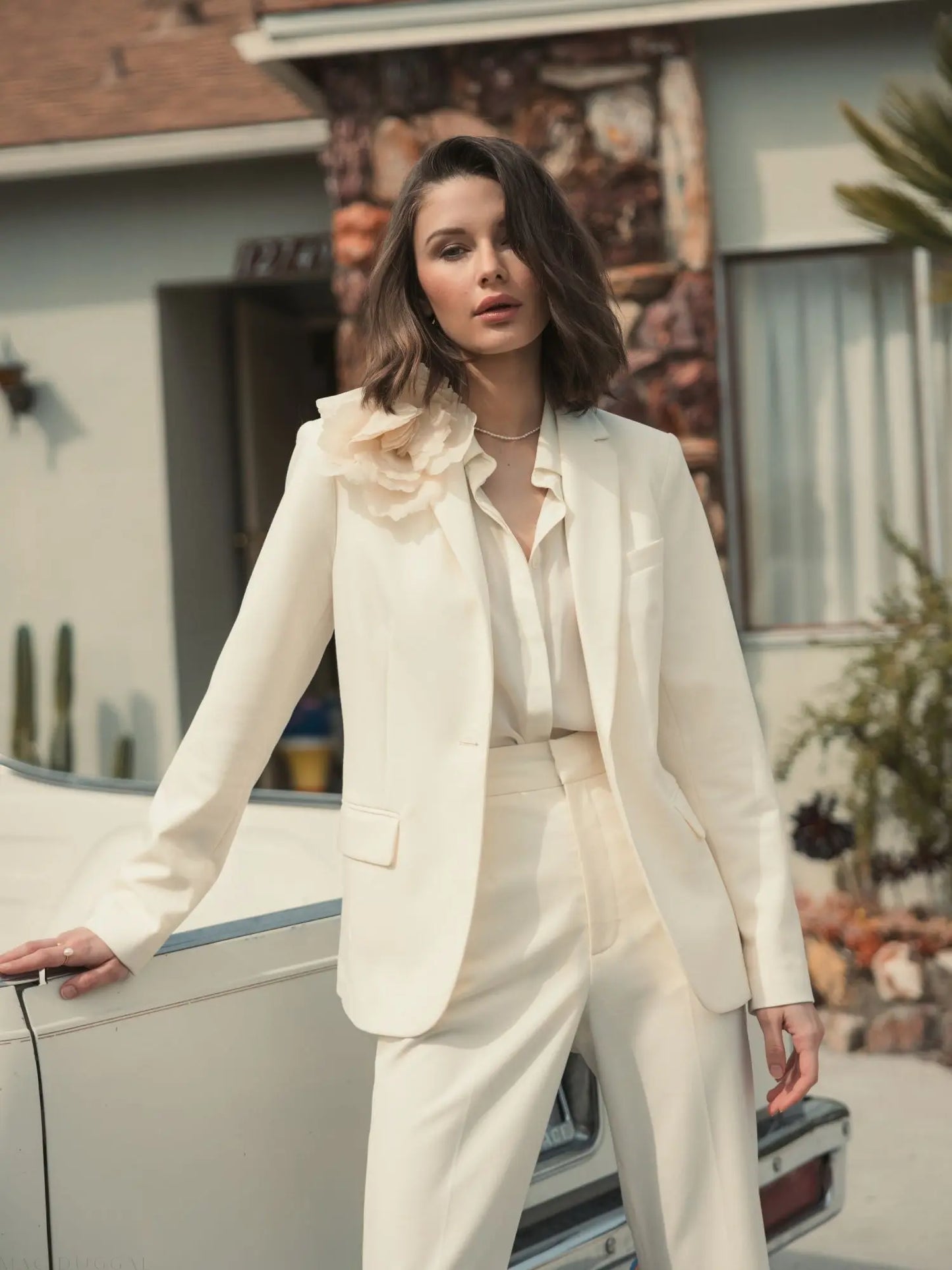 Ivory Classic Crepe Blazer Jacket With Flower - FINAL SALE - Mac Duggal