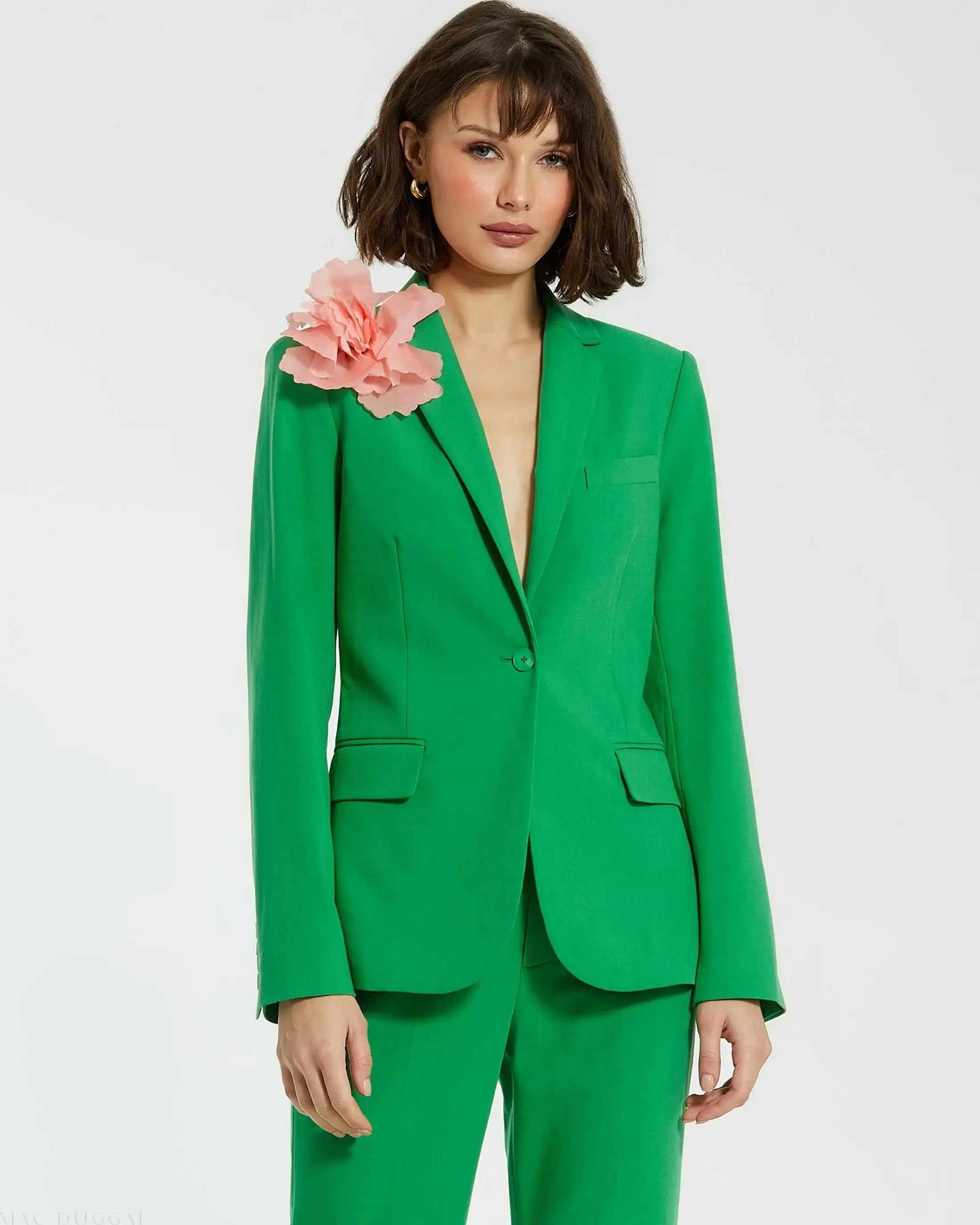 Green Classic Crepe Blazer Jacket With Flower - Mac Duggal