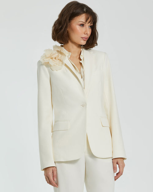 Classic Crepe One Button Blazer Jacket With 3D Flower