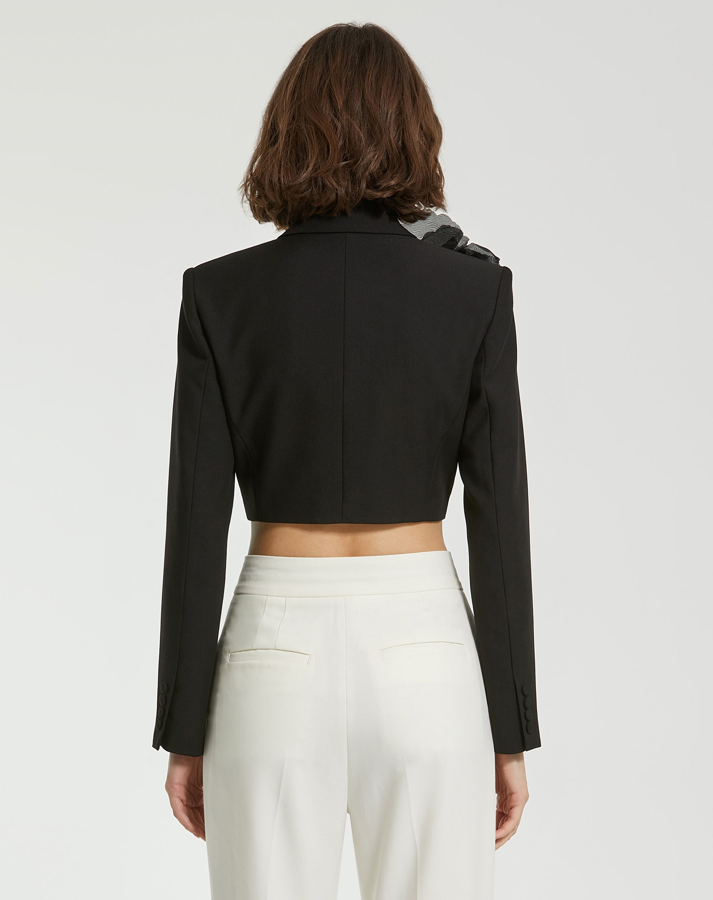Notch Collar Crepe Cropped Tailored Blazer Jacket with 3D Flower