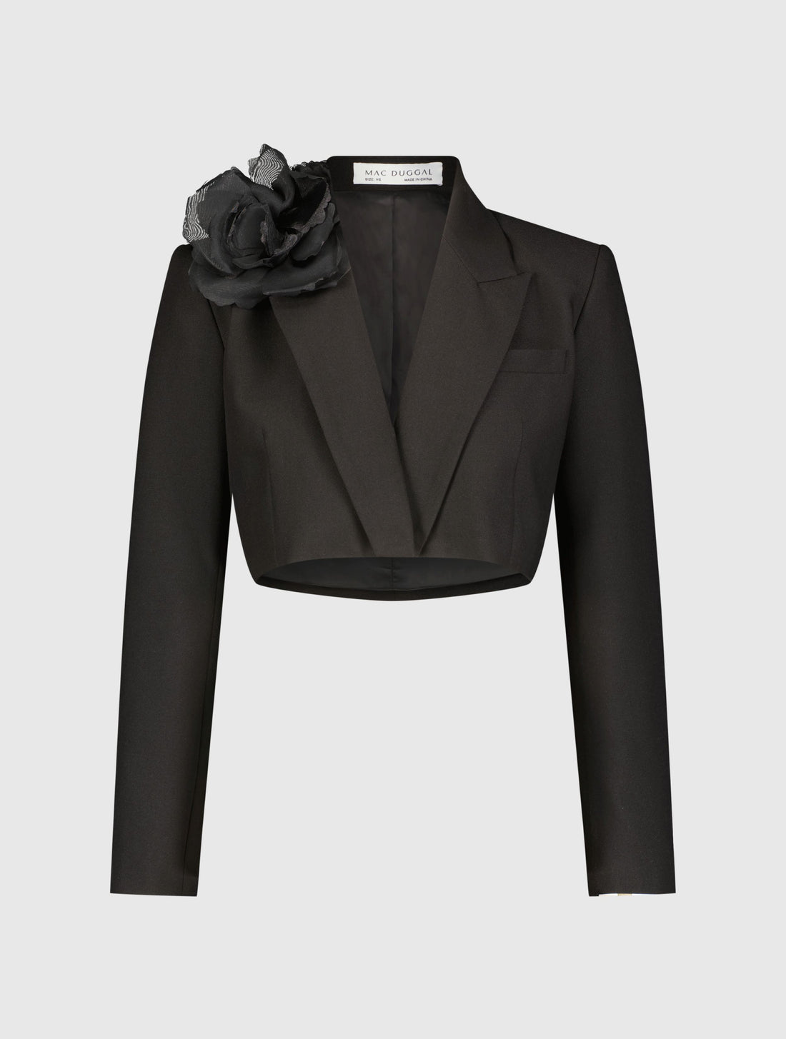 Notch Collar Crepe Cropped Tailored Blazer Jacket with 3D Flower