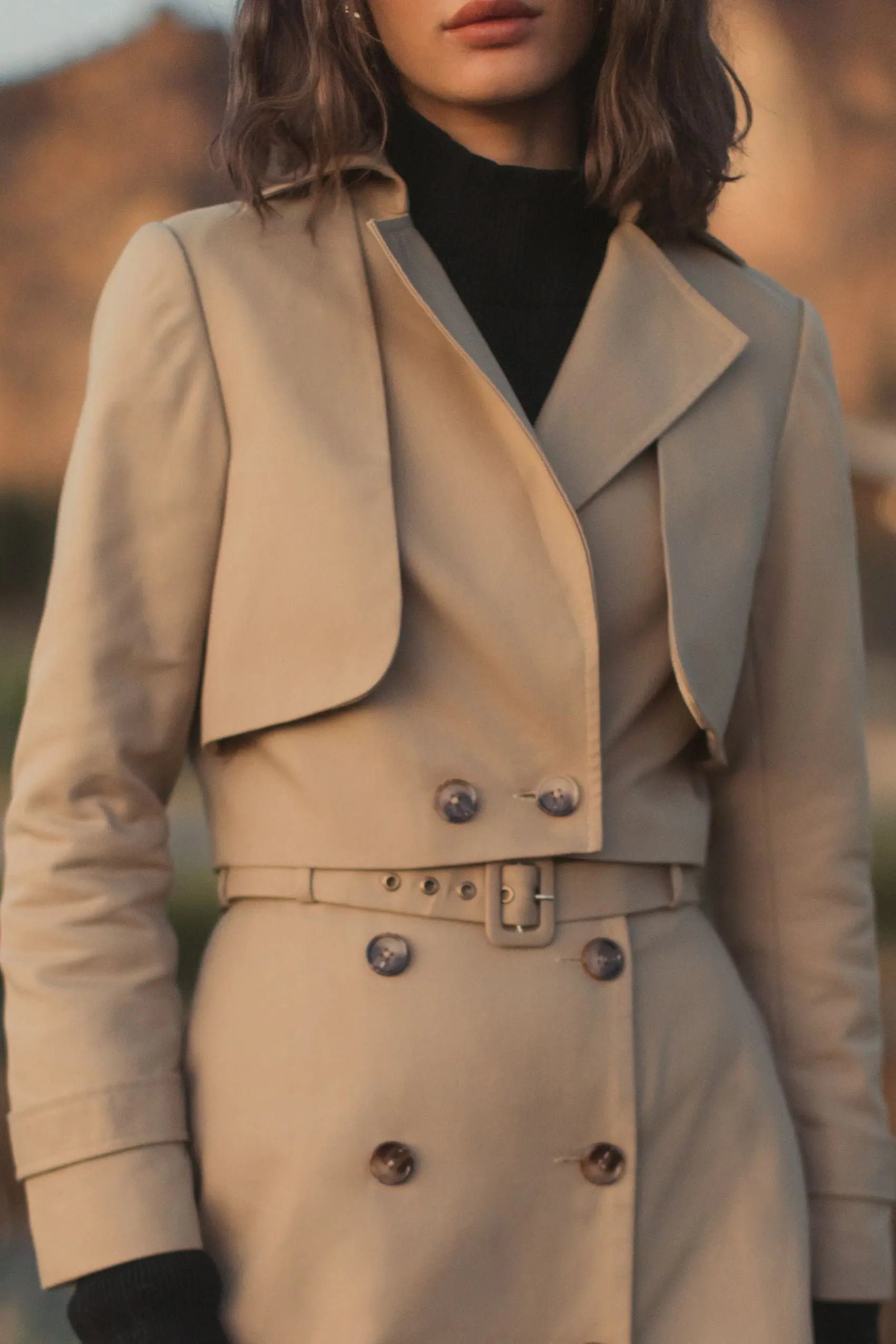 Twill Cropped Tailored Trench Jacket - Mac Duggal