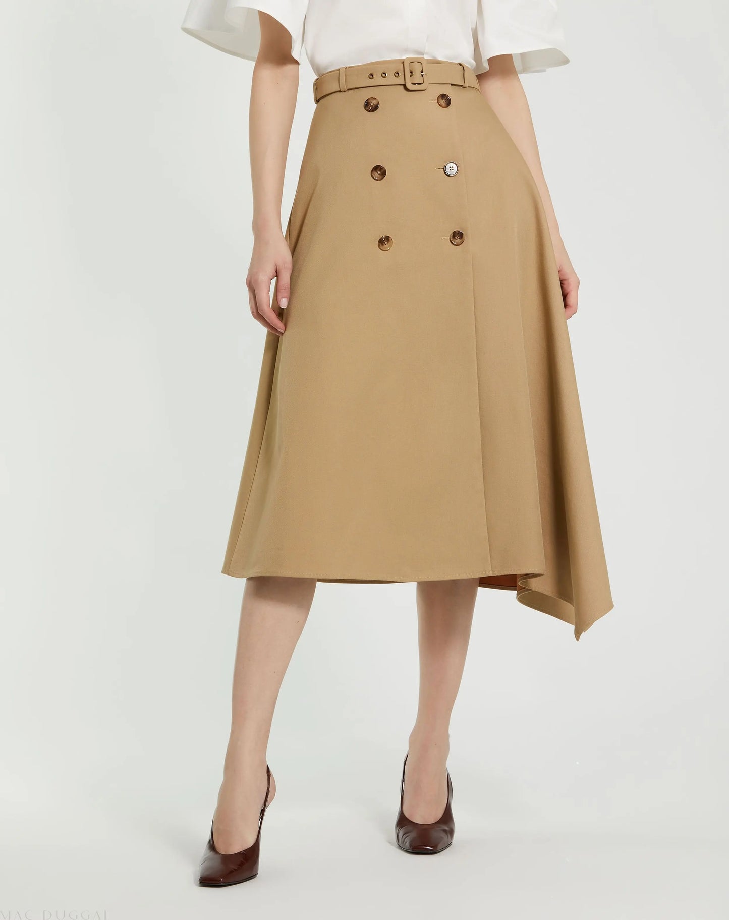 Beige Twill Midi Skirt With Buttons - Mac Duggal