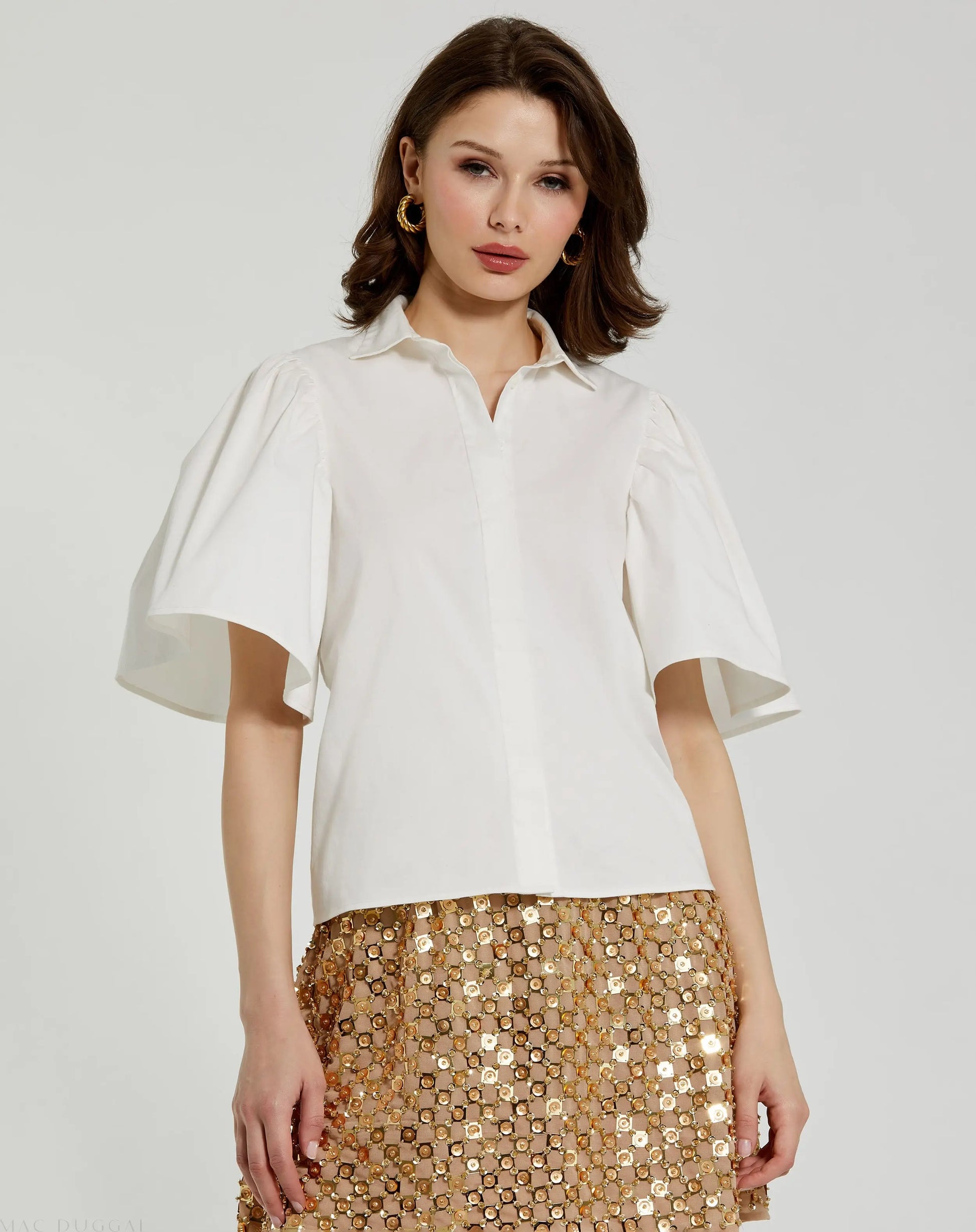 White Cotton Flare Ruffle Sleeve Button Up Top - FINAL SALE - Mac Duggal