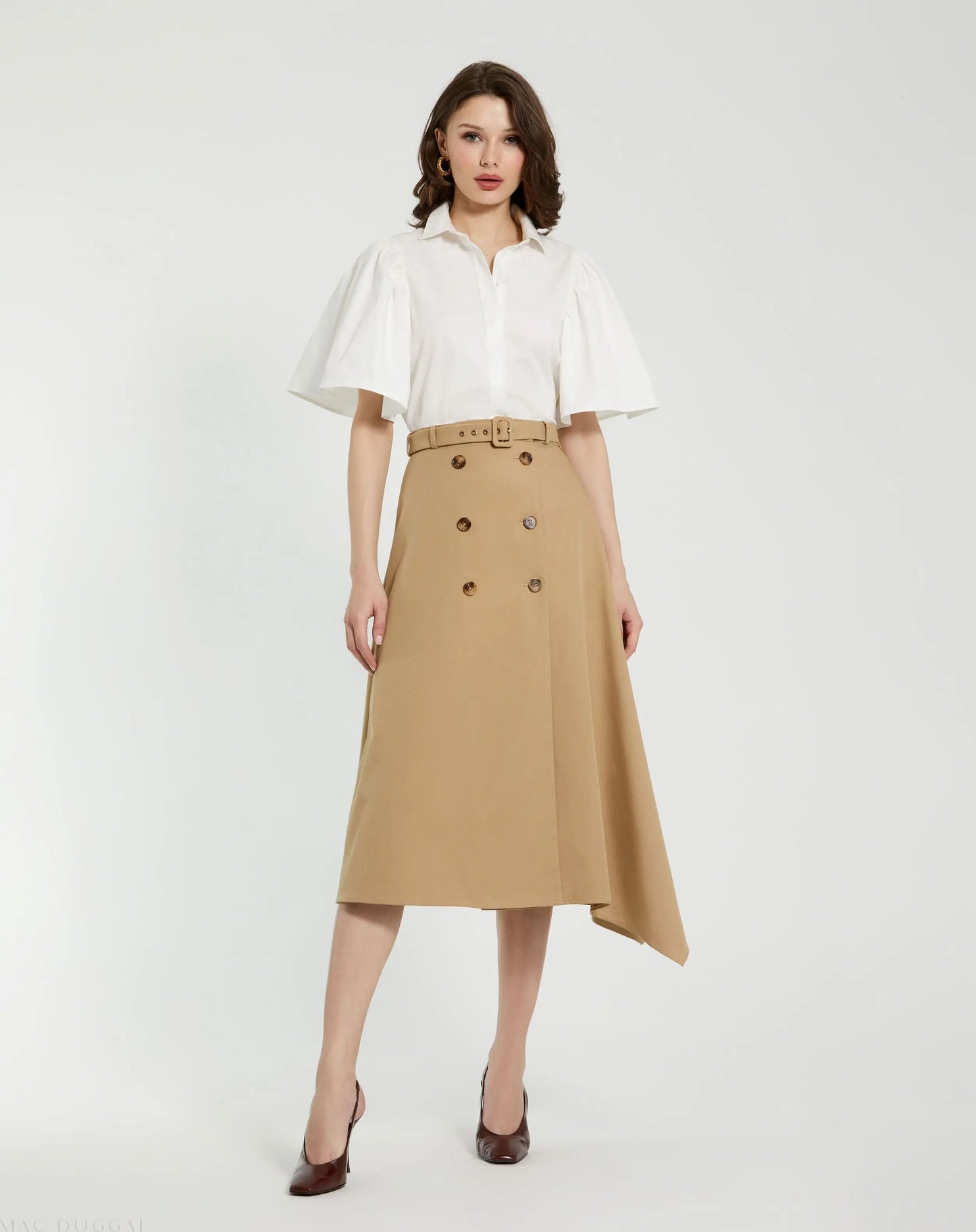 Beige Twill Midi Skirt With Buttons - Mac Duggal