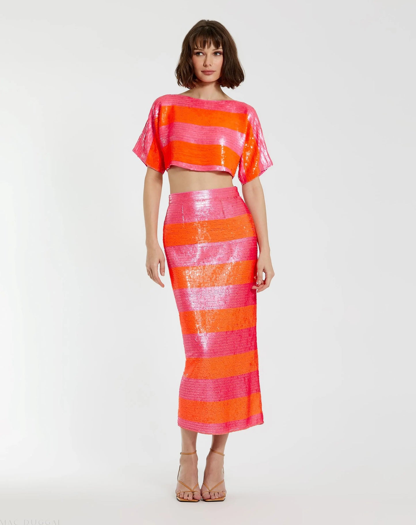 Pink and Orange Sequin Striped Short Sleeve Top - FINAL SALE - Mac Duggal
