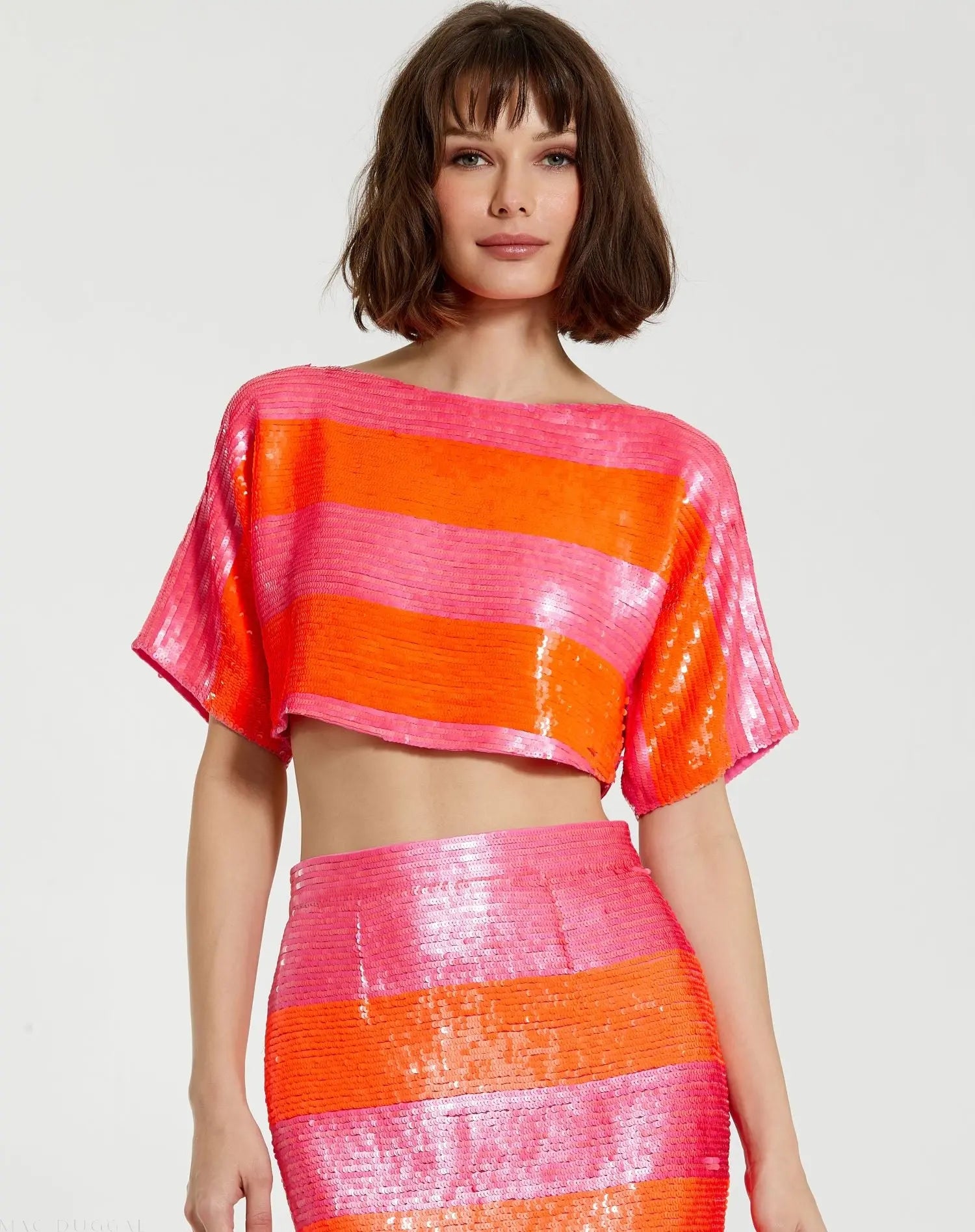 Pink and Orange Sequin Striped Short Sleeve Top - FINAL SALE - Mac Duggal