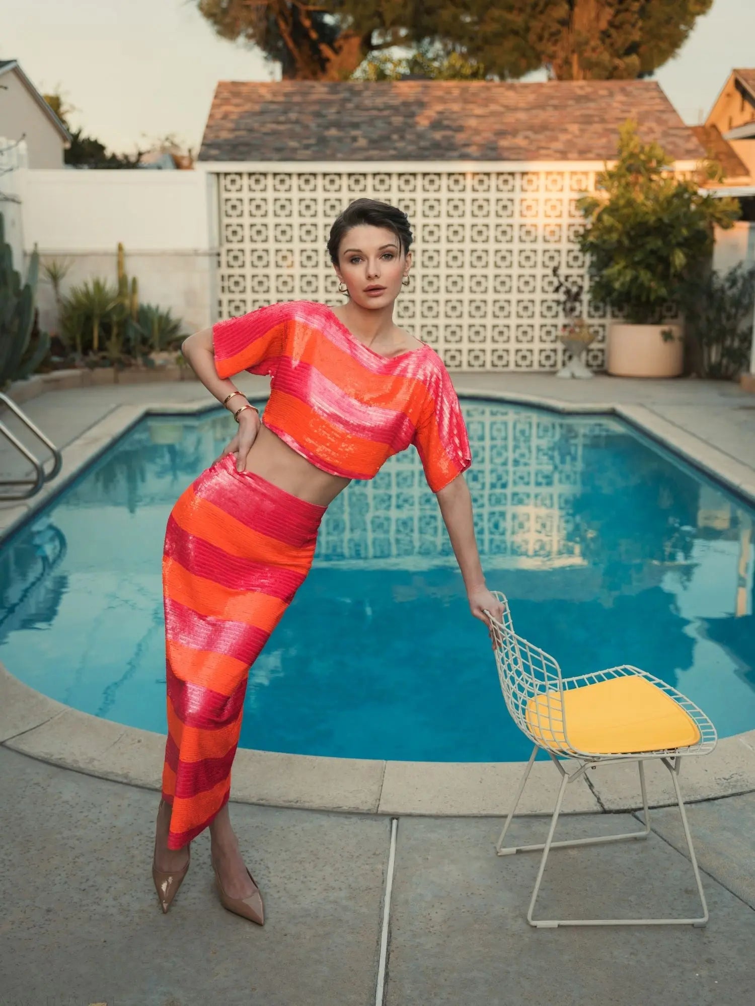 Pink and Orange Sequin Striped Short Sleeve Top - FINAL SALE - Mac Duggal