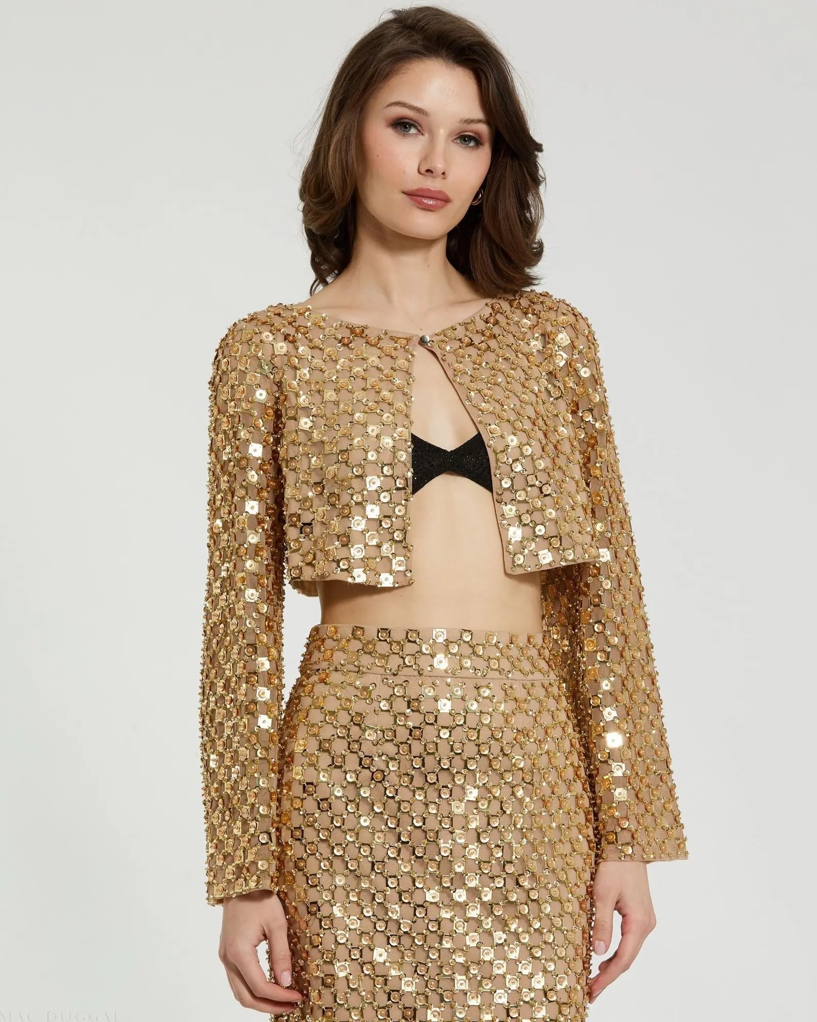 Gold Beaded Sequin Georgette Long Sleeve Cardigan - Mac Duggal