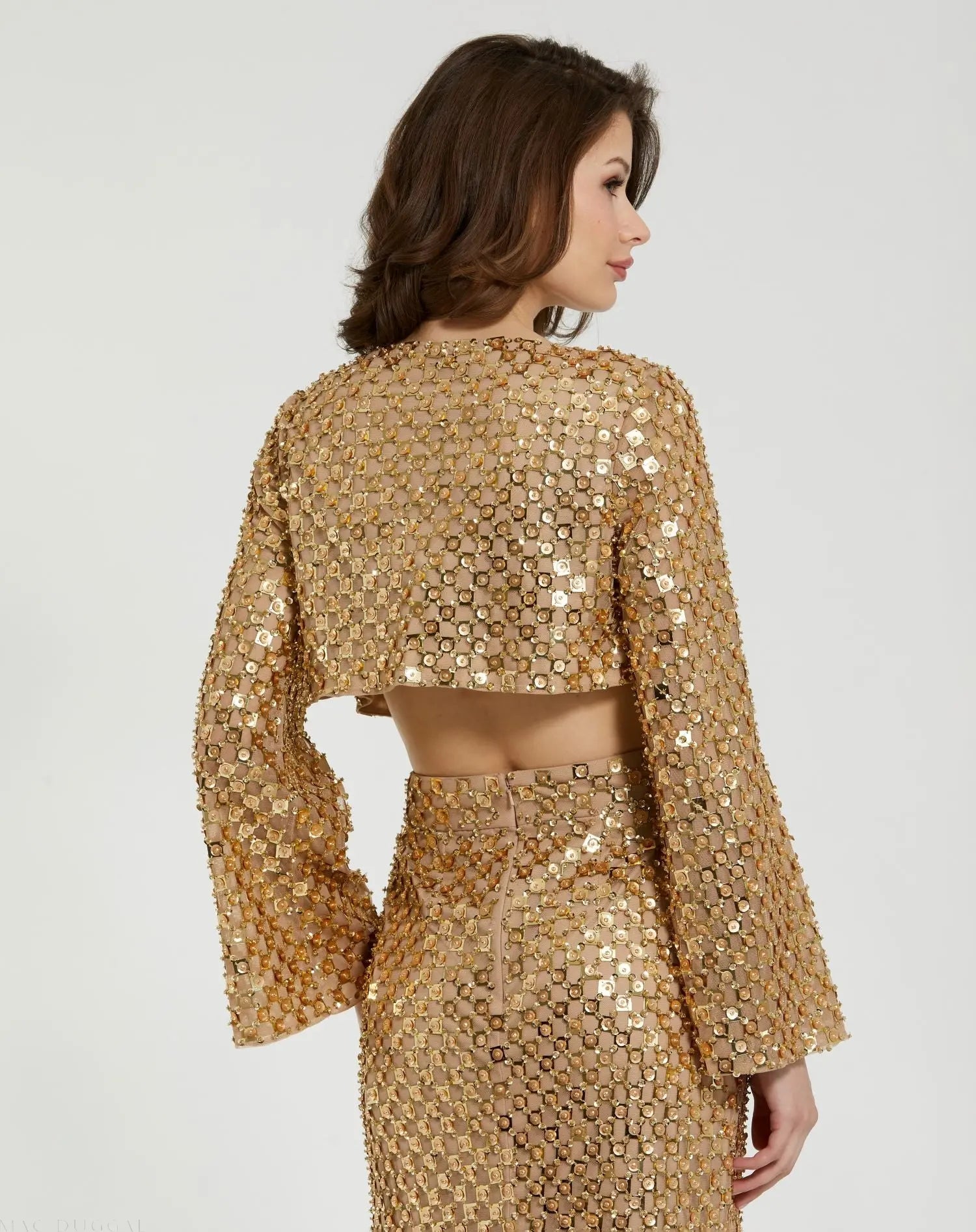 Gold Beaded Sequin Georgette Long Sleeve Cardigan - Mac Duggal