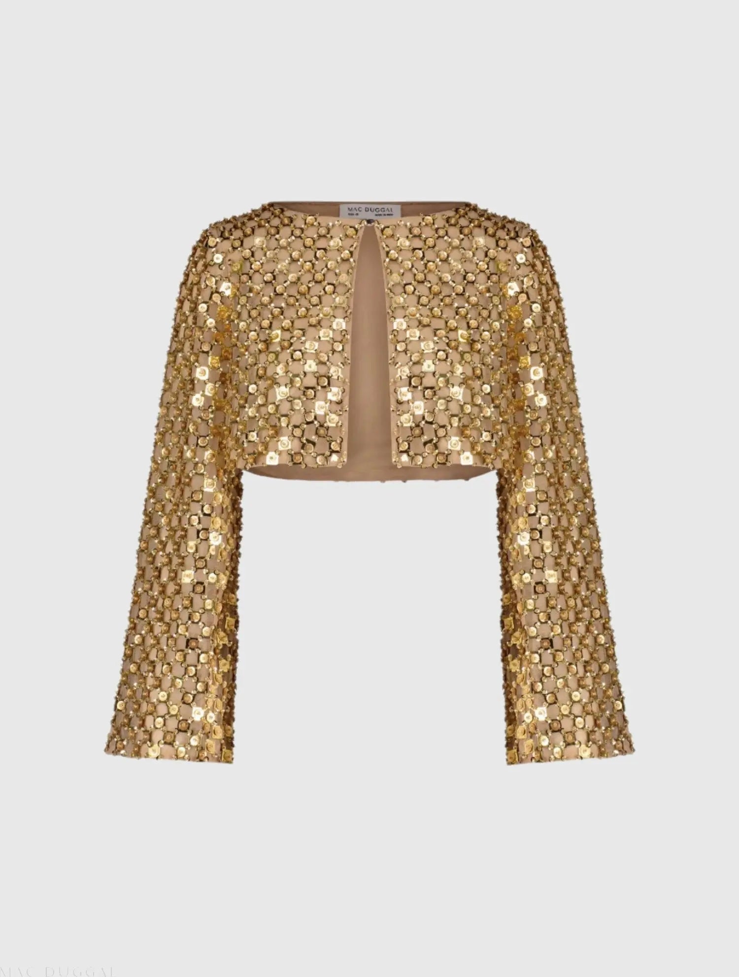 Gold Beaded Sequin Georgette Long Sleeve Cardigan - Mac Duggal Gold Beaded Sequin Georgette Long Sleeve Cardigan - Mac Duggal