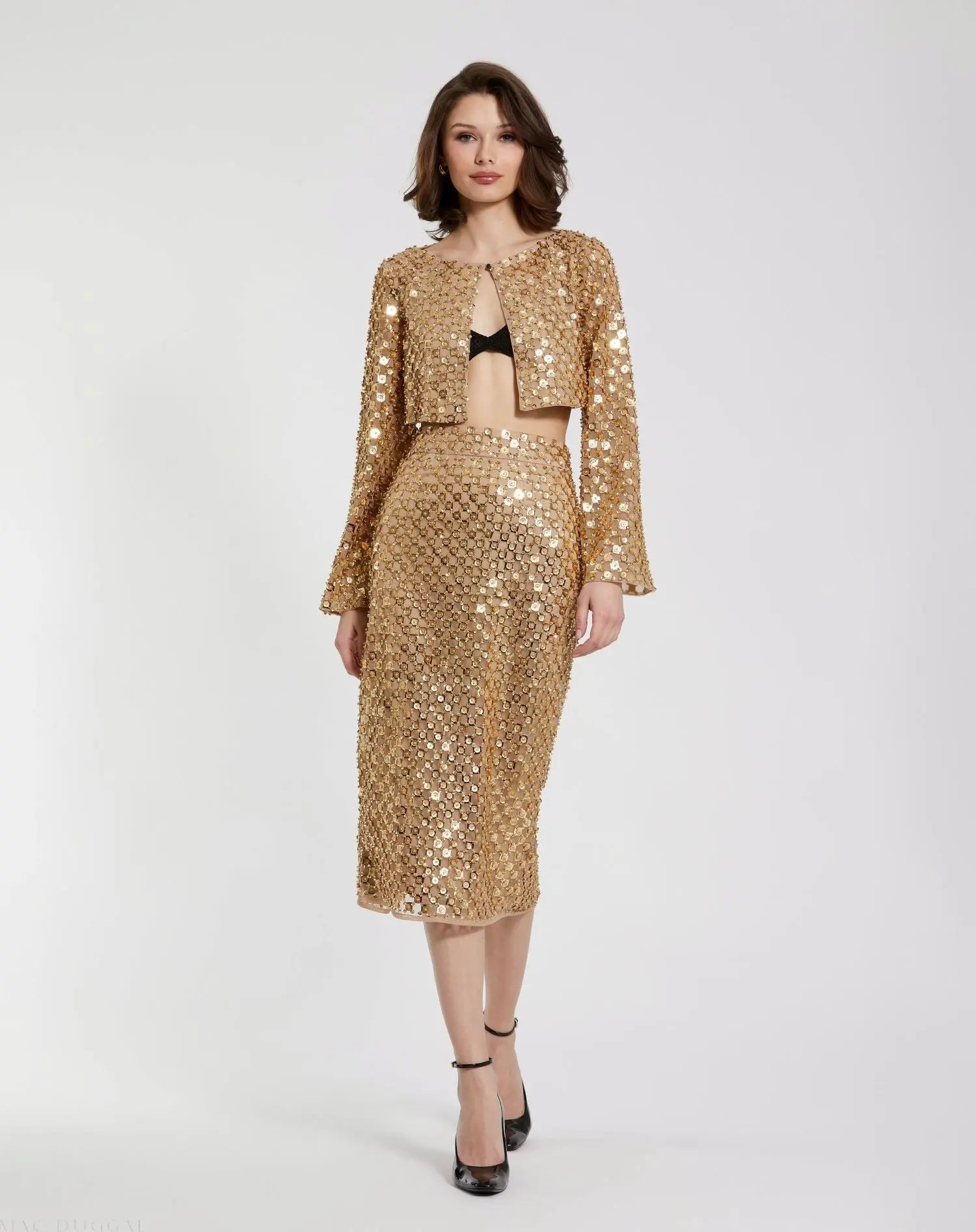Gold Beaded Sequin Georgette Long Sleeve Cardigan - Mac Duggal Gold Beaded Sequin Georgette Long Sleeve Cardigan - Mac Duggal