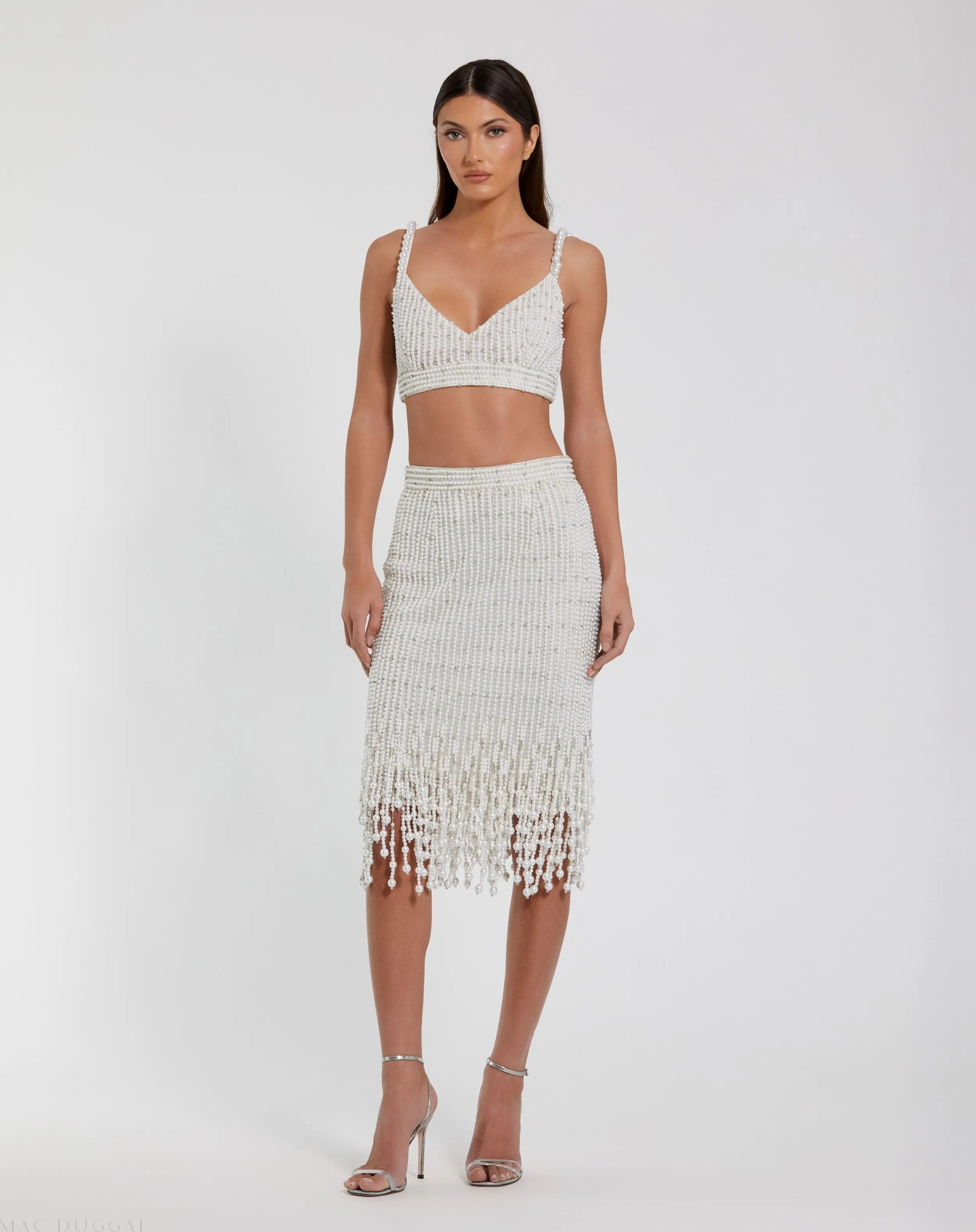 White Pearl Beaded Bra Top - Mac Duggal