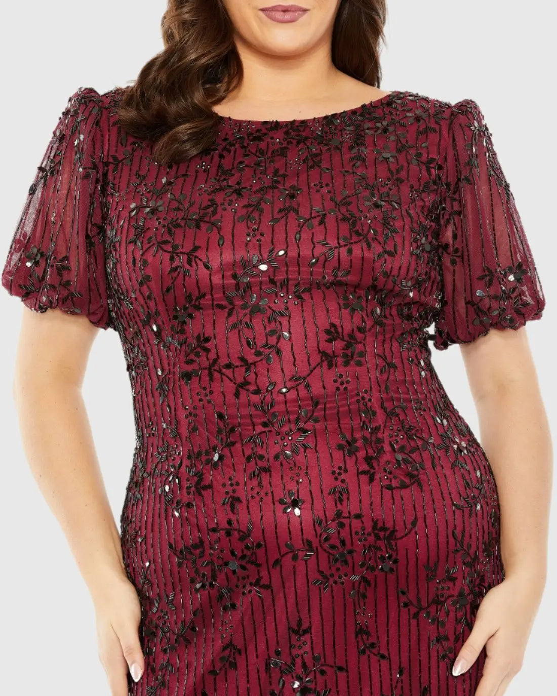 Red High Neck Puff Sleeve Embellished Dress - Mac Duggal