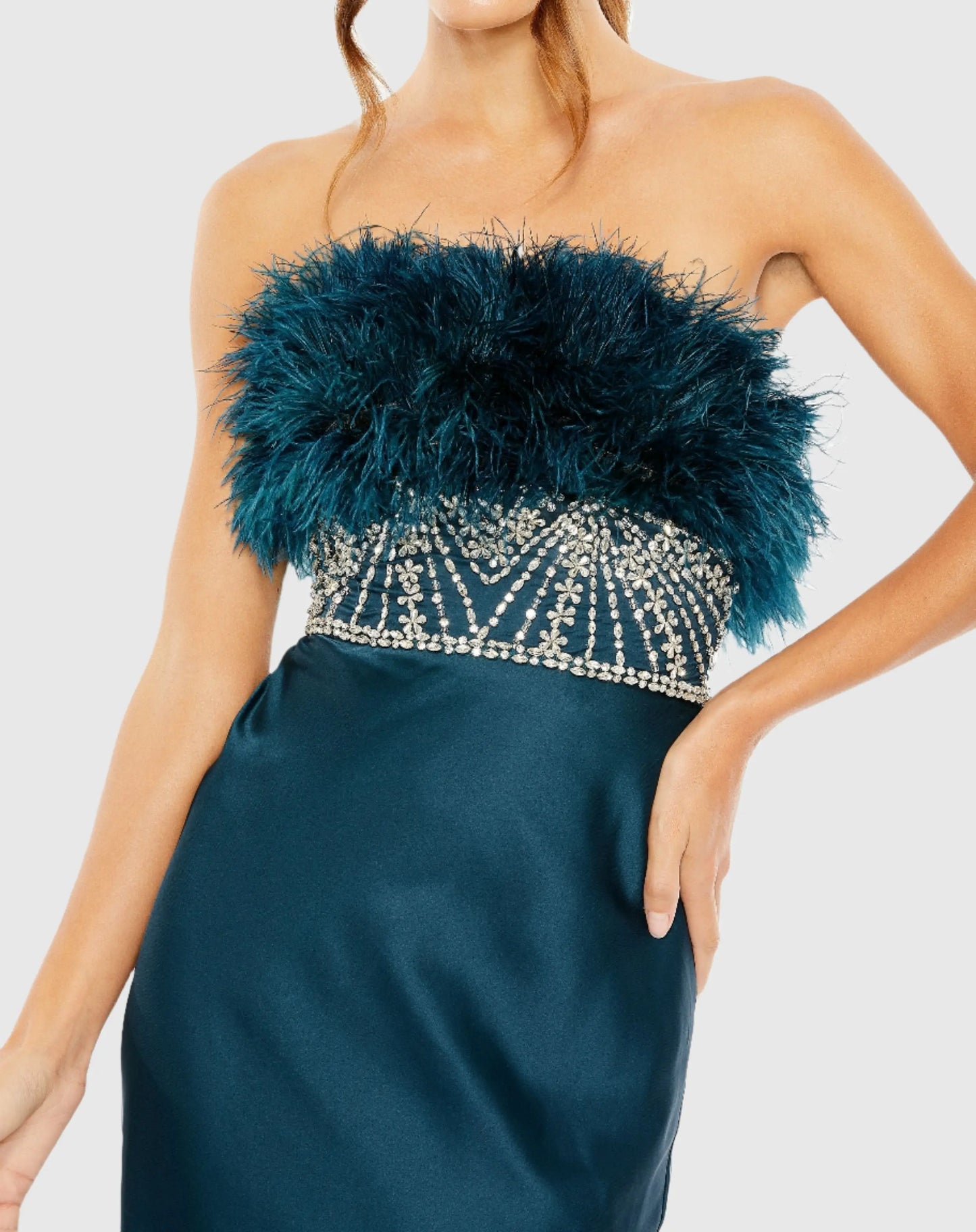 Strapless Feather Rhinestone Detailed Gown - Mac Duggal