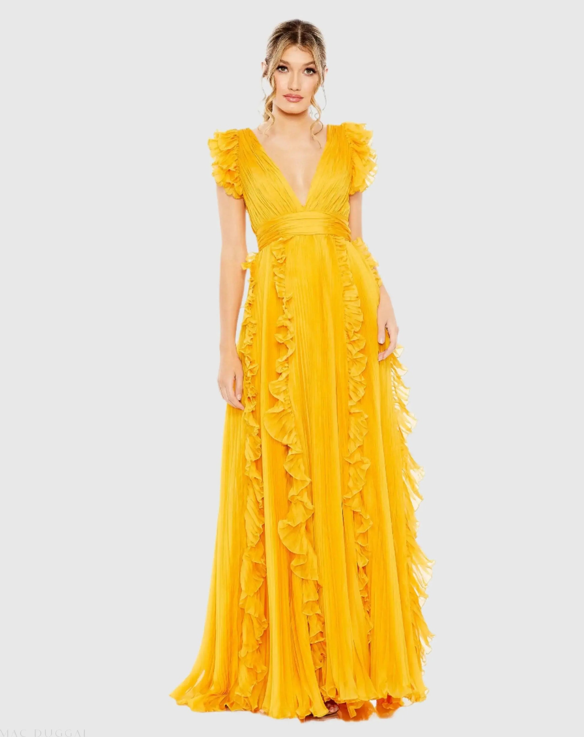 Pleated Ruffle Cap Sleeve Flowy A Line Gown - Mac Duggal Pleated Ruffle Cap Sleeve Flowy A Line Gown - Mac Duggal