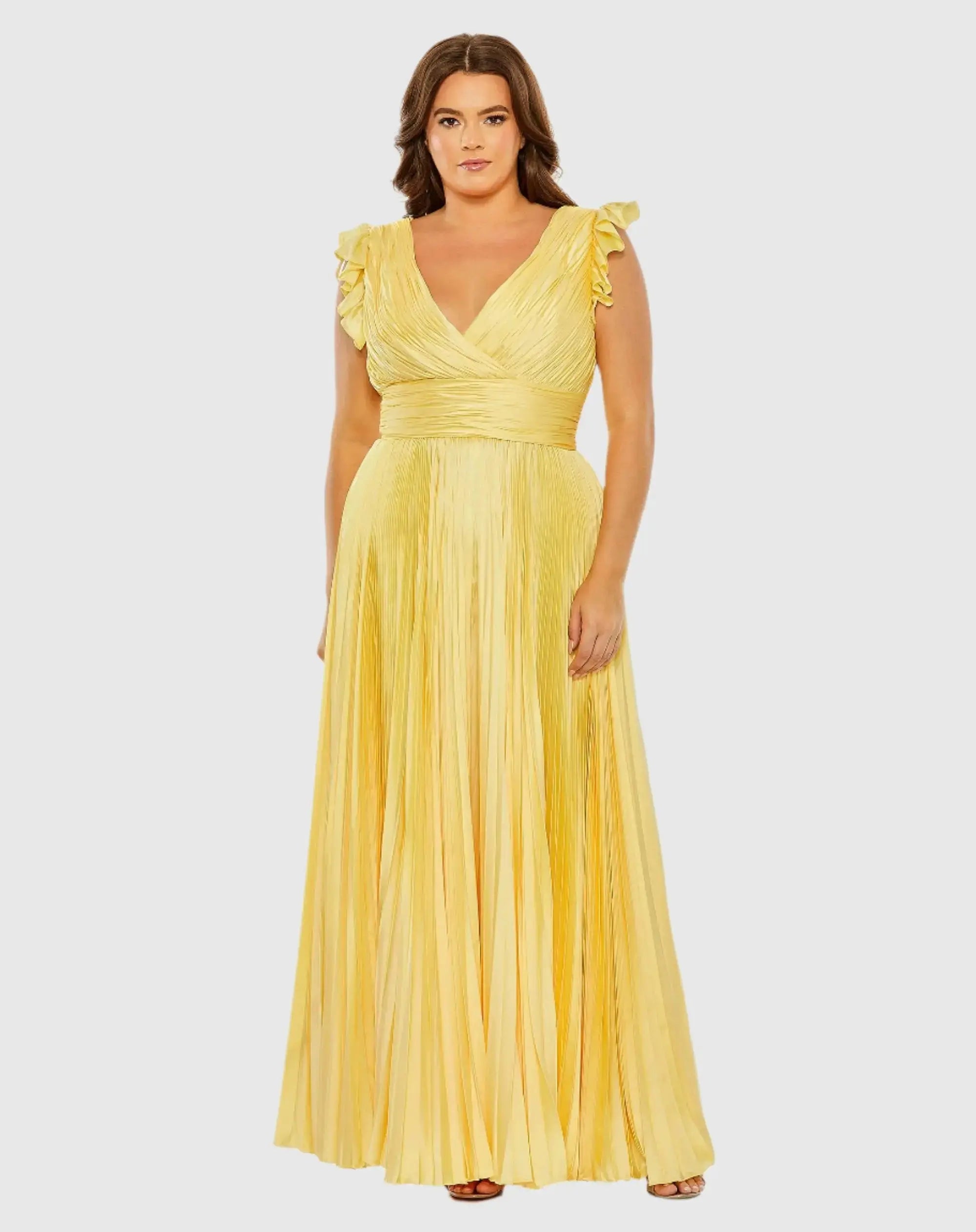 Yellow Flutter Sleeve Pleated V-Neck Gown Mac Duggal