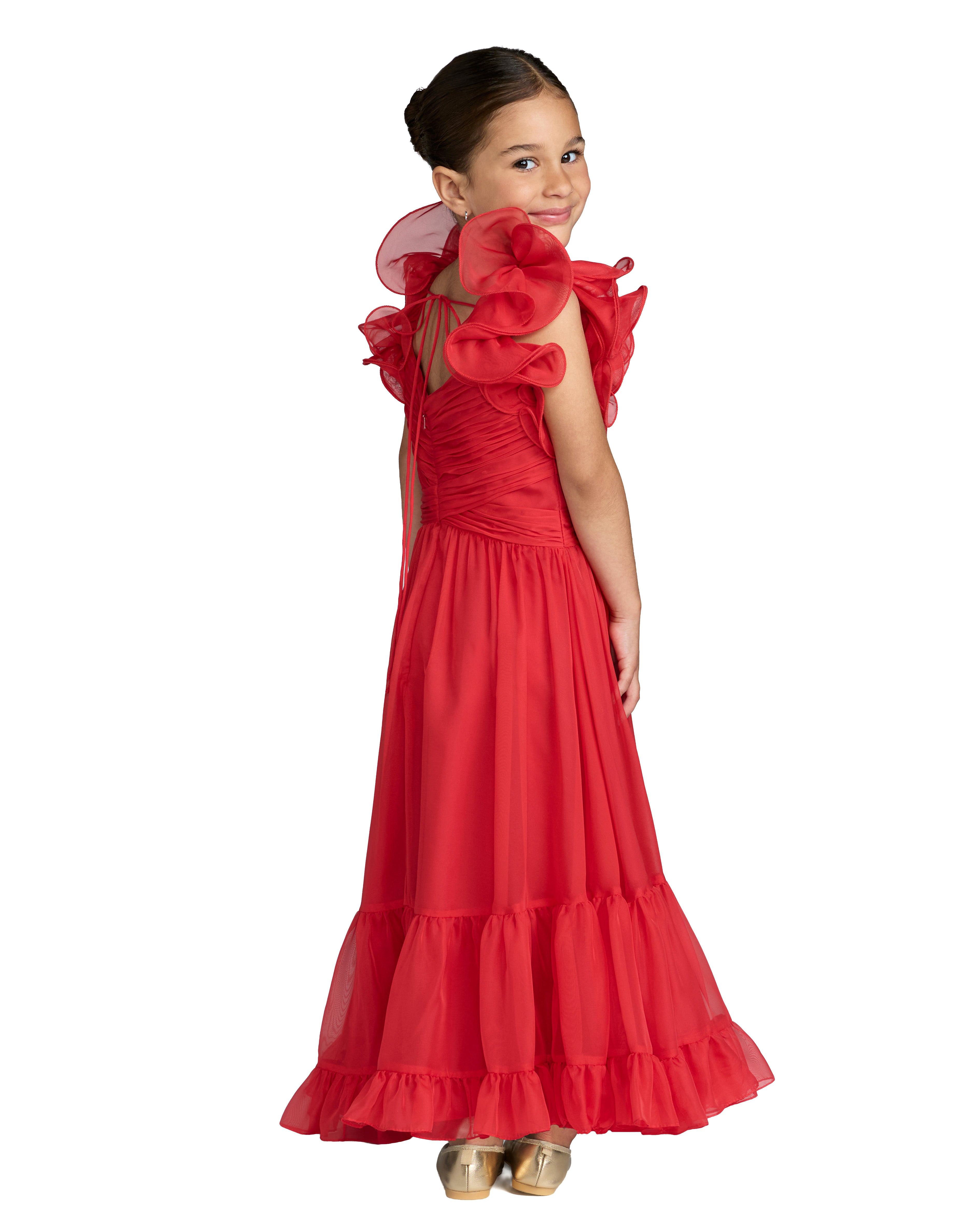 Children's Ruffle Shoulder Chiffon Gown - Red,0