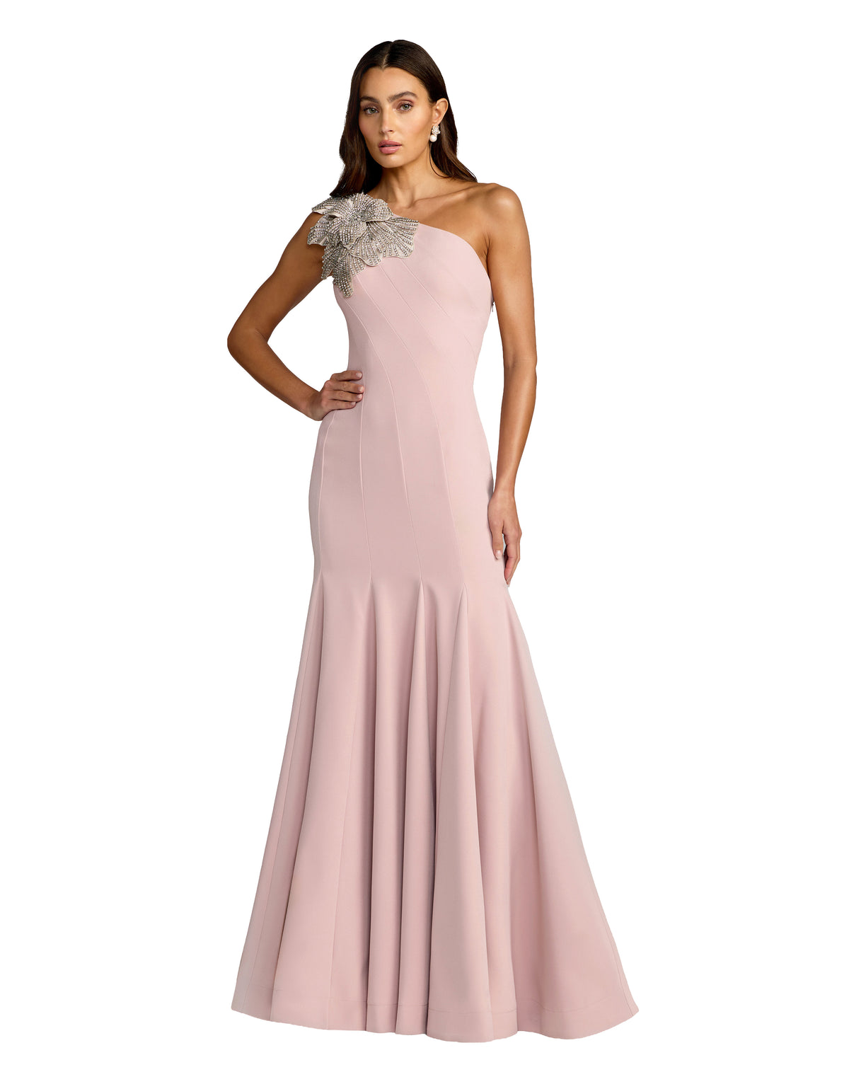 Petite Crepe One Shoulder Gown With Flower Detail - Rose,2P