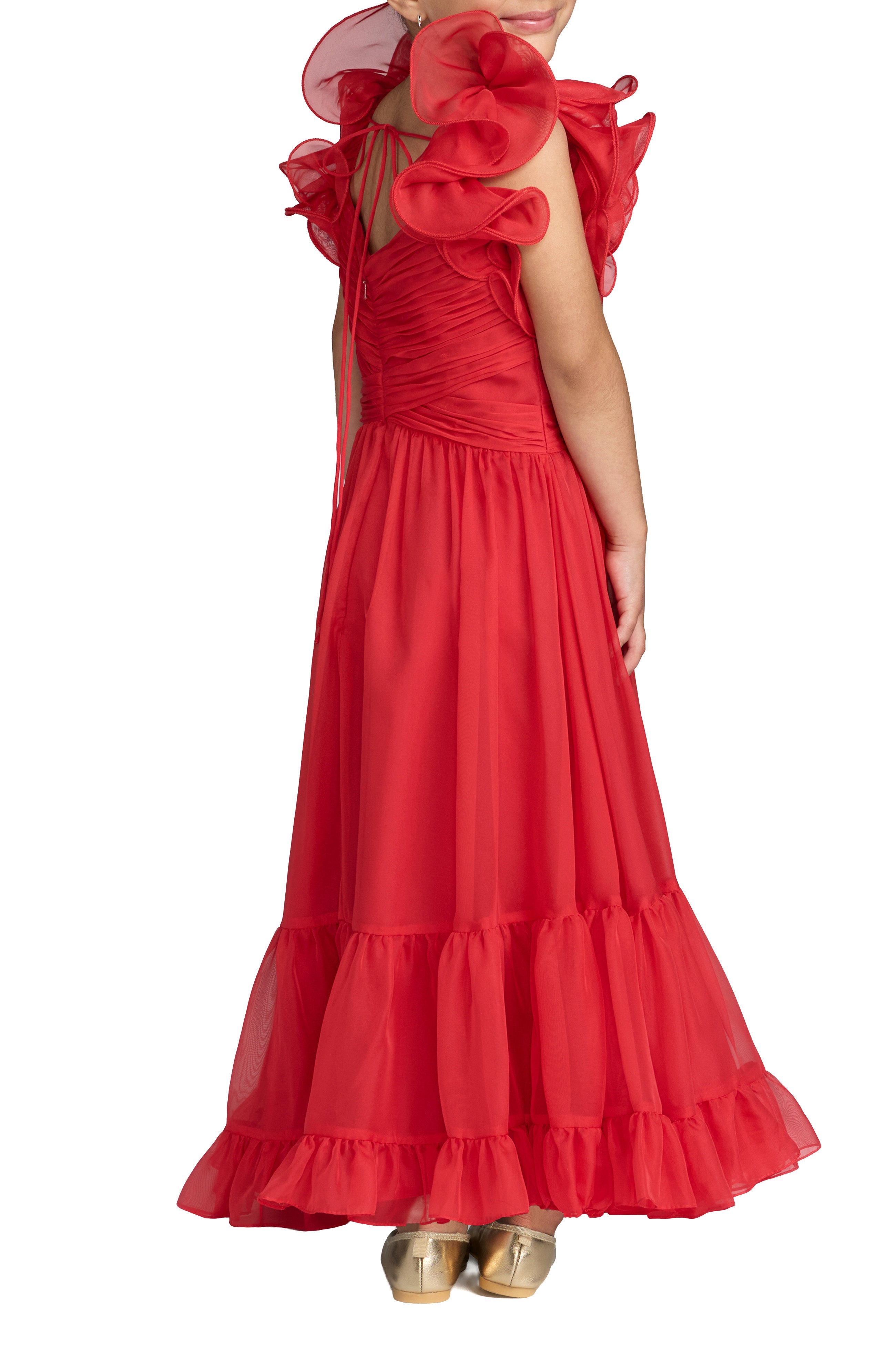 Children's Ruffle Shoulder Chiffon Gown - Red,0