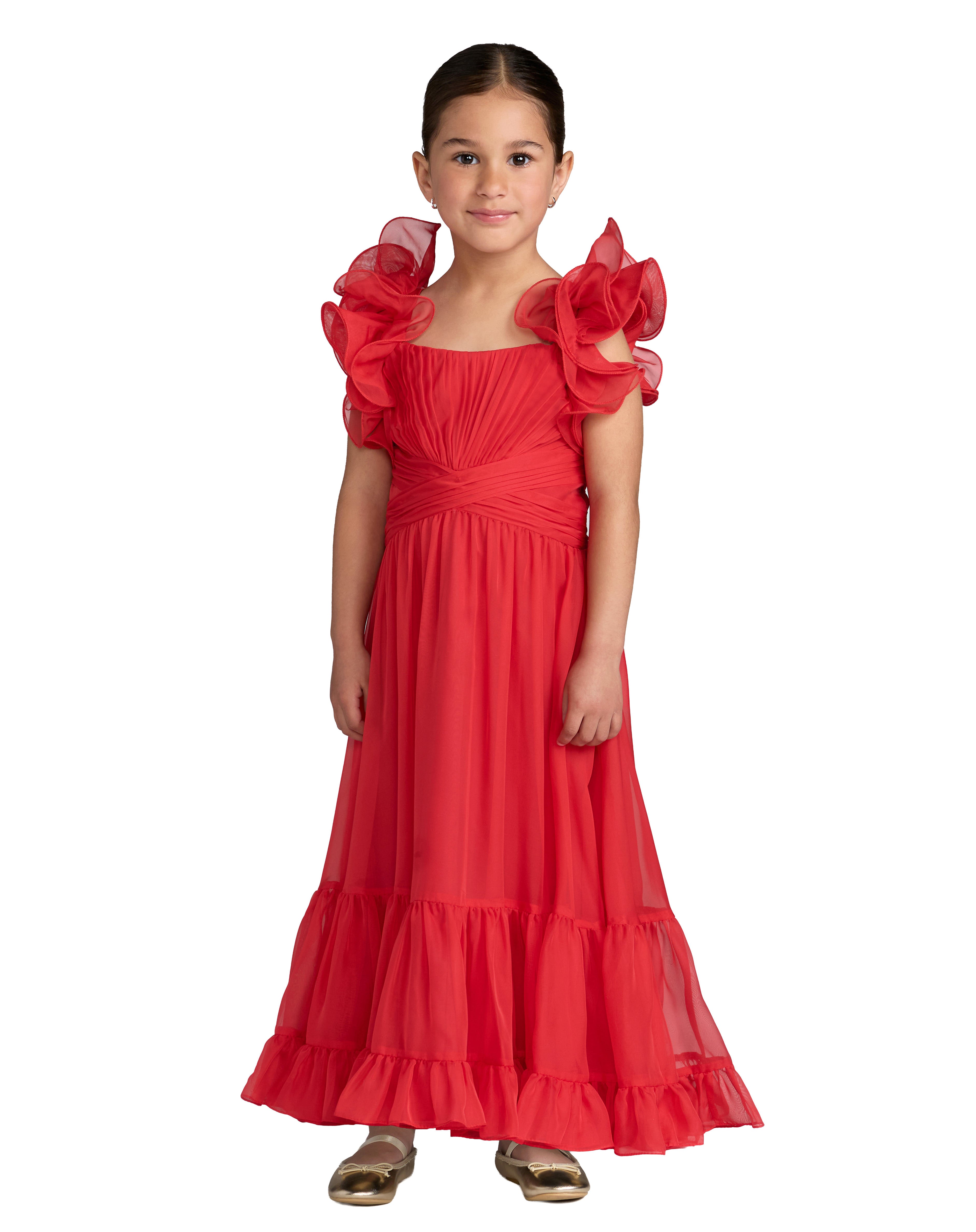 Children's Ruffle Shoulder Chiffon Gown - Red,0