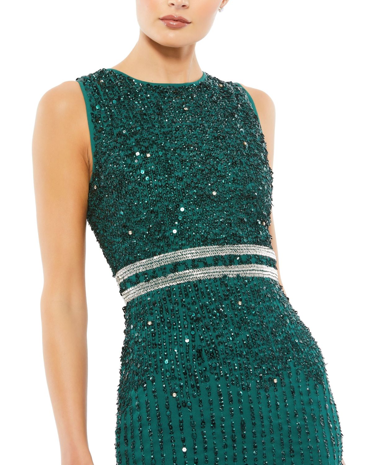 Sleeveless High Neck Beaded Midi Sheath Dress