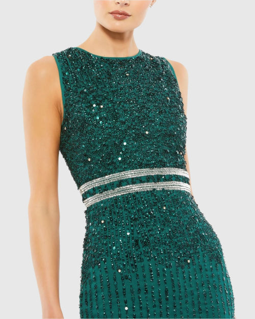 Sleeveless High Neck Beaded Midi Sheath Dress