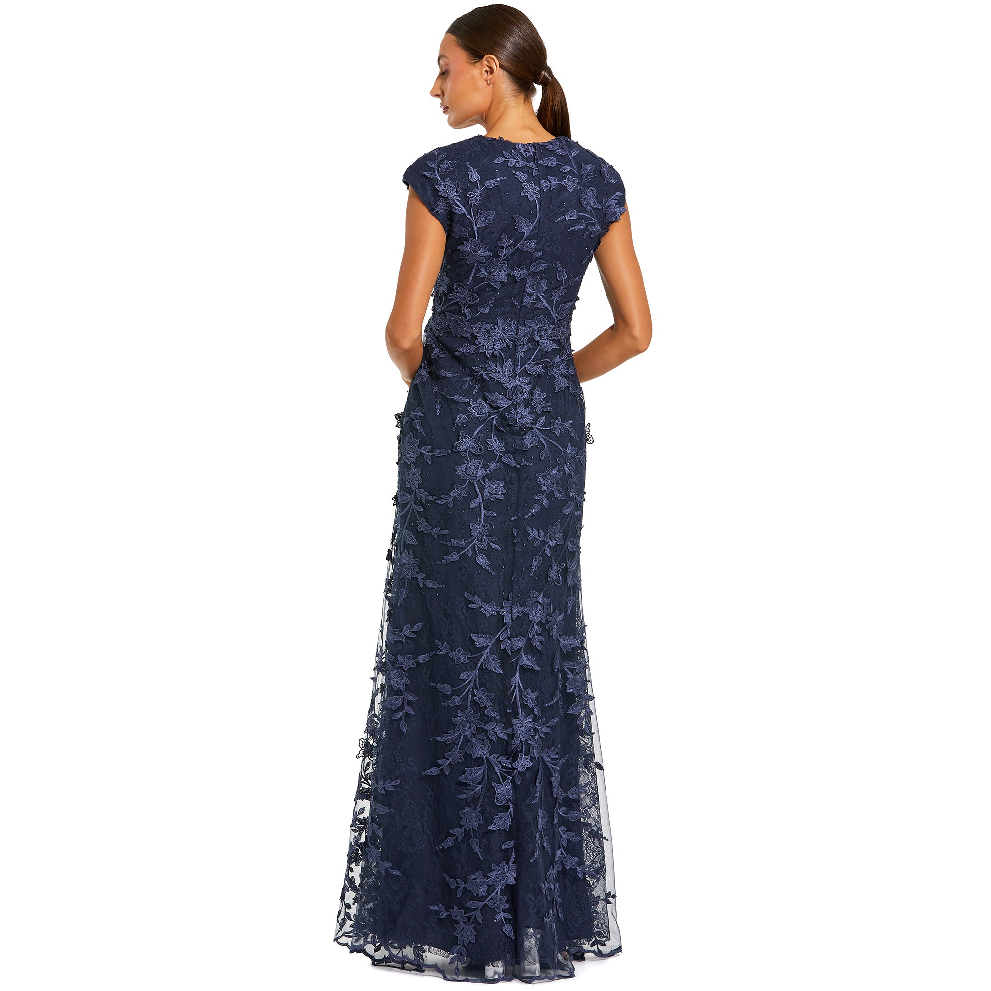 Women's Faux Wrap Embroidered Cap Sleeve Gown - Midnight,US 2