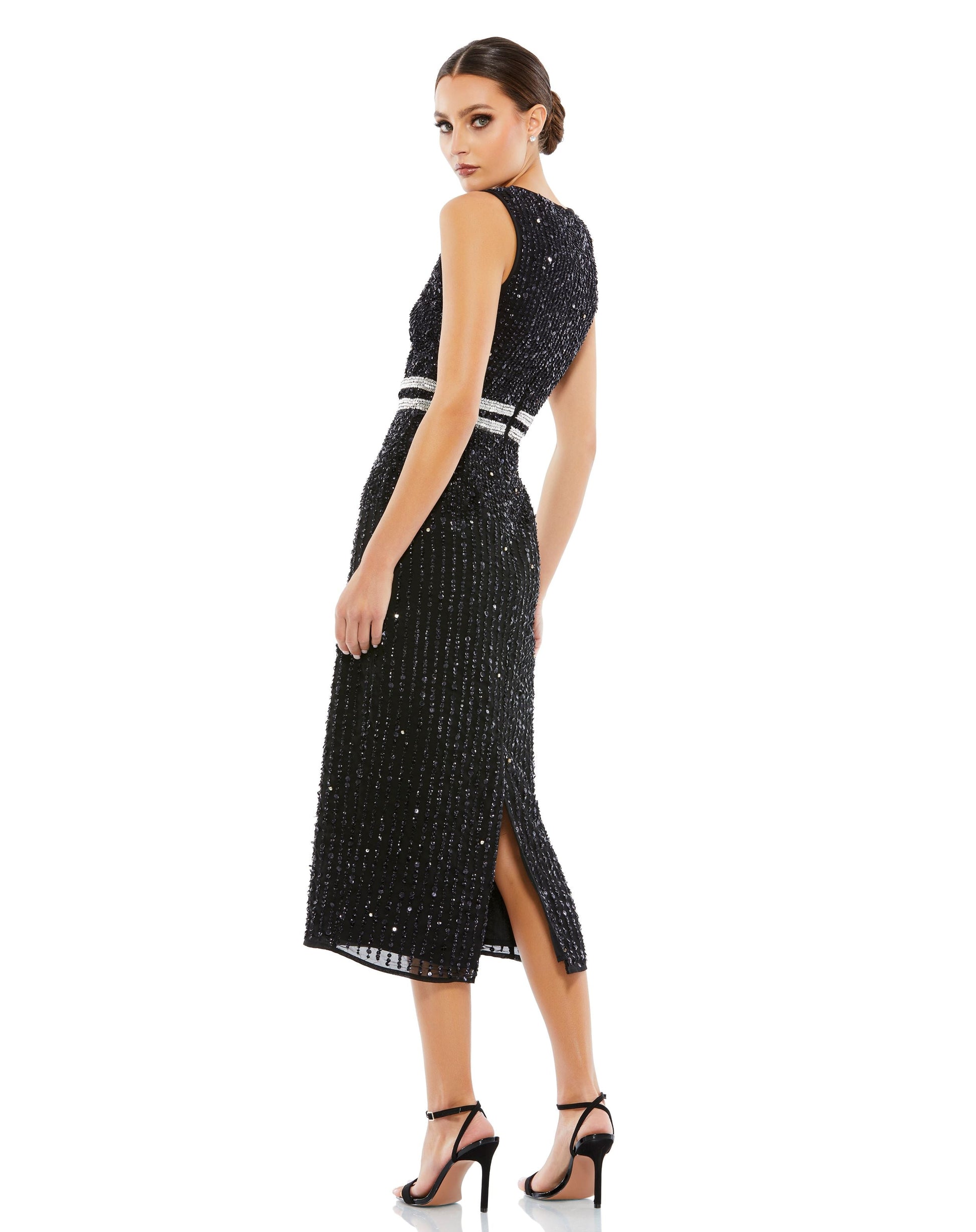 Sleeveless High Neck Beaded Midi Sheath Dress