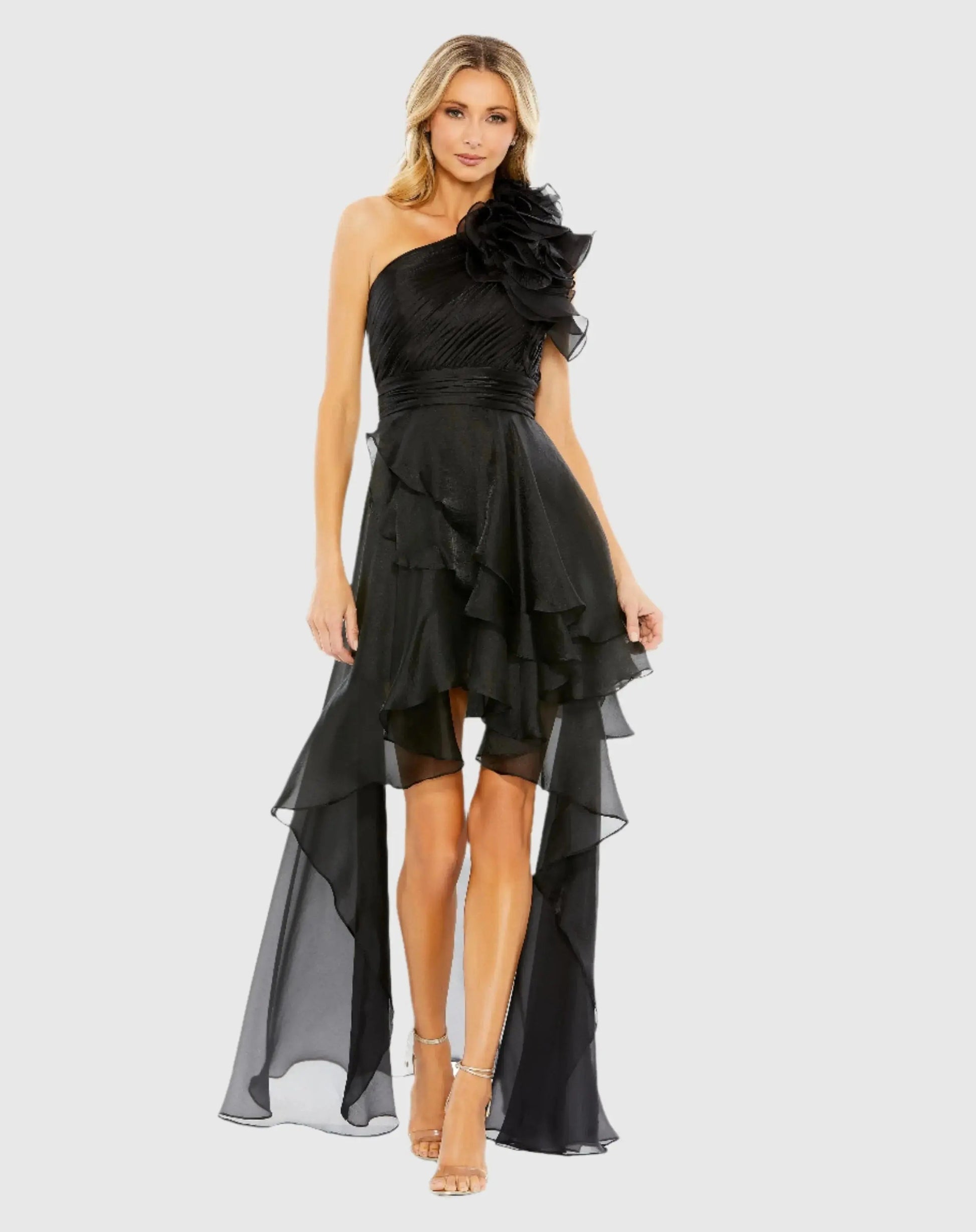 One Shoulder Ruffle High Low Gown - Black