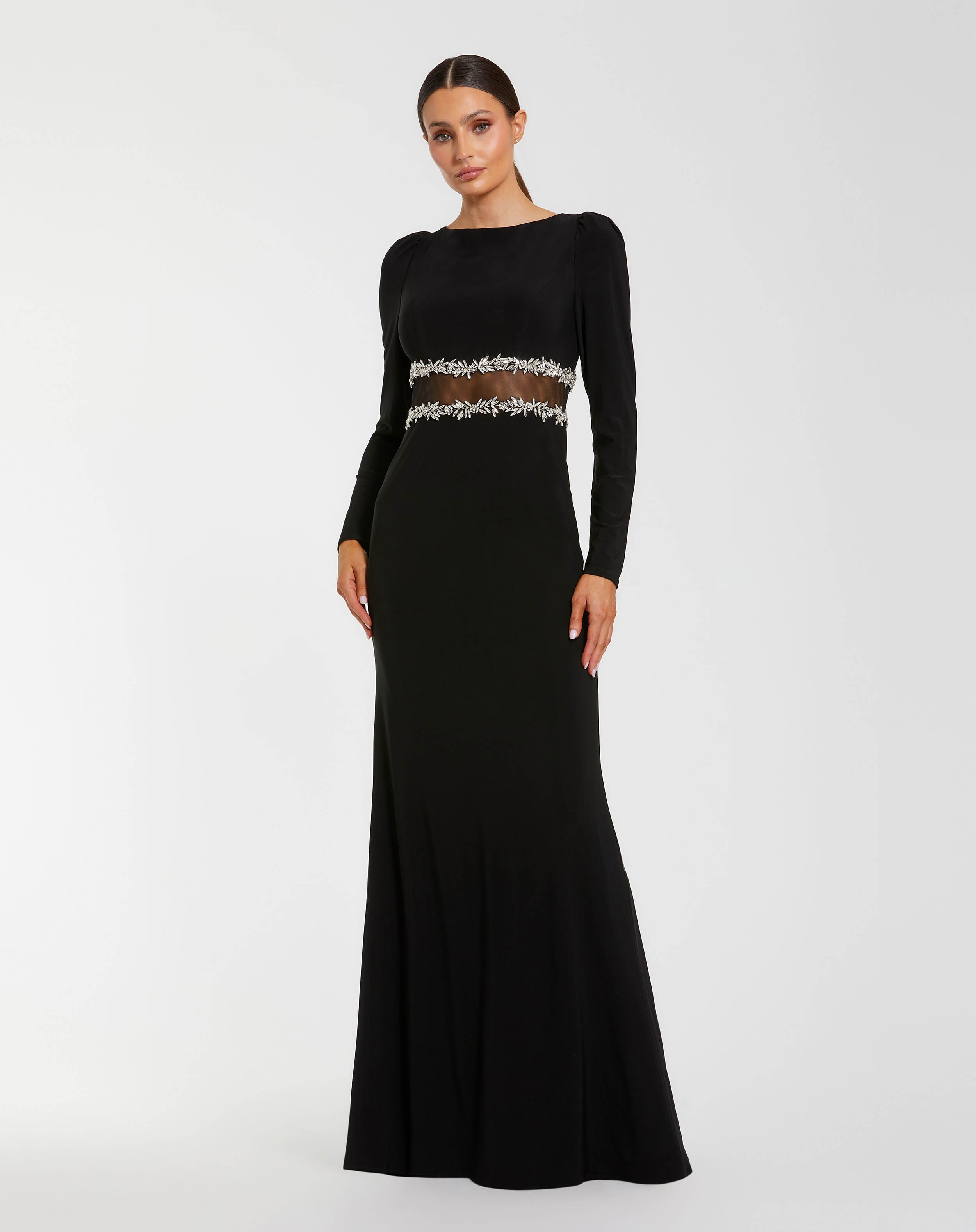 Black Long Sleeve Jersey Gown With Jewel Detail - Black,XS