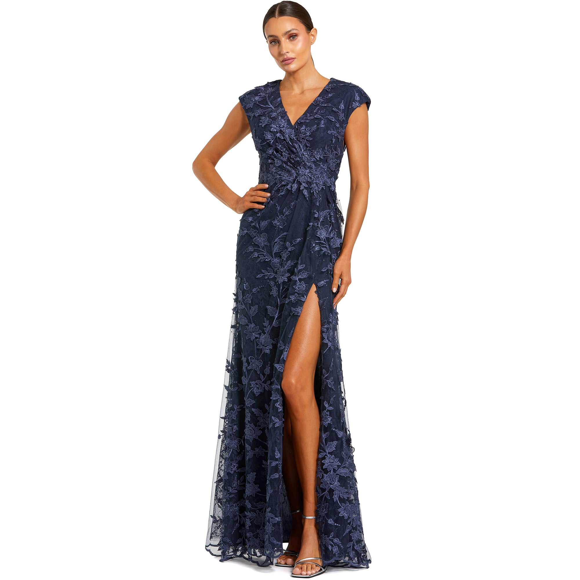 Women's Faux Wrap Embroidered Cap Sleeve Gown - Midnight,US 2