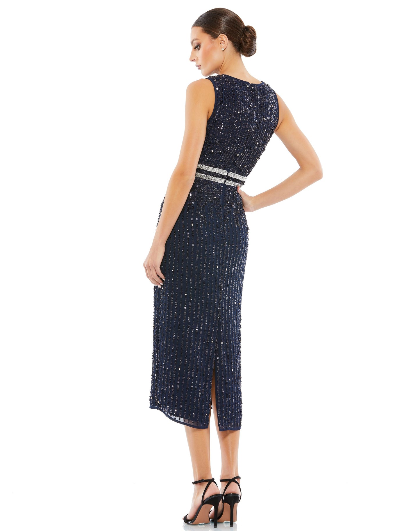 Sleeveless High Neck Beaded Midi Sheath Dress