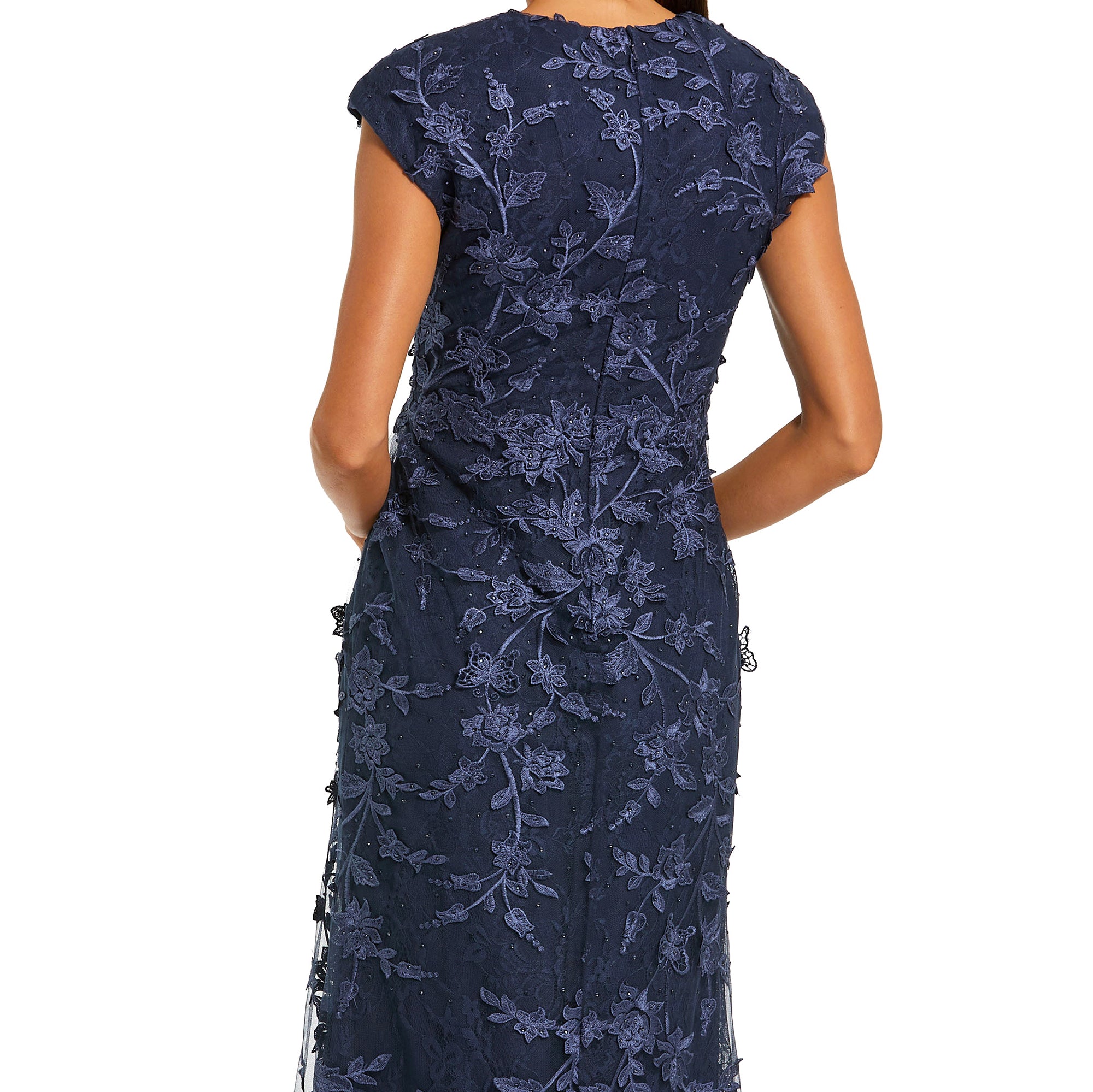 Women's Faux Wrap Embroidered Cap Sleeve Gown - Midnight,US 2