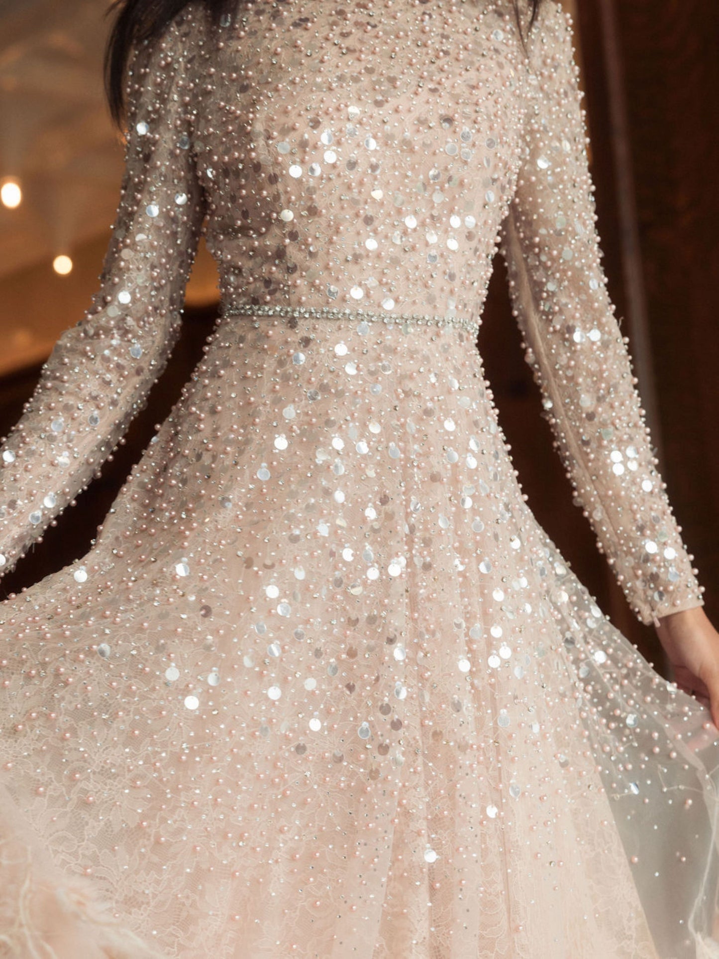 Disc Embellished Sequin Gown with Feather Detail