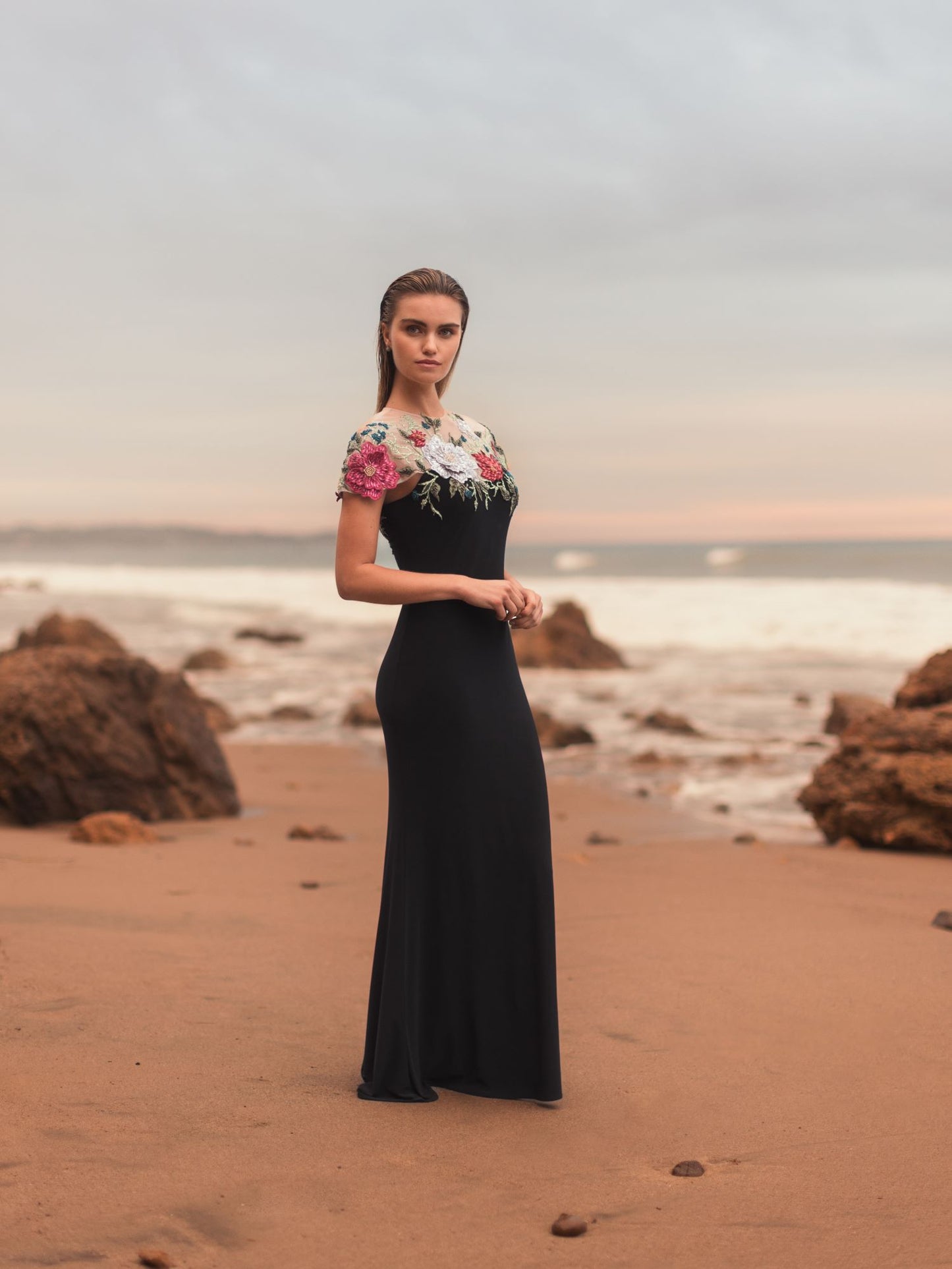 Floral Embellished Jersey Fitted Gown